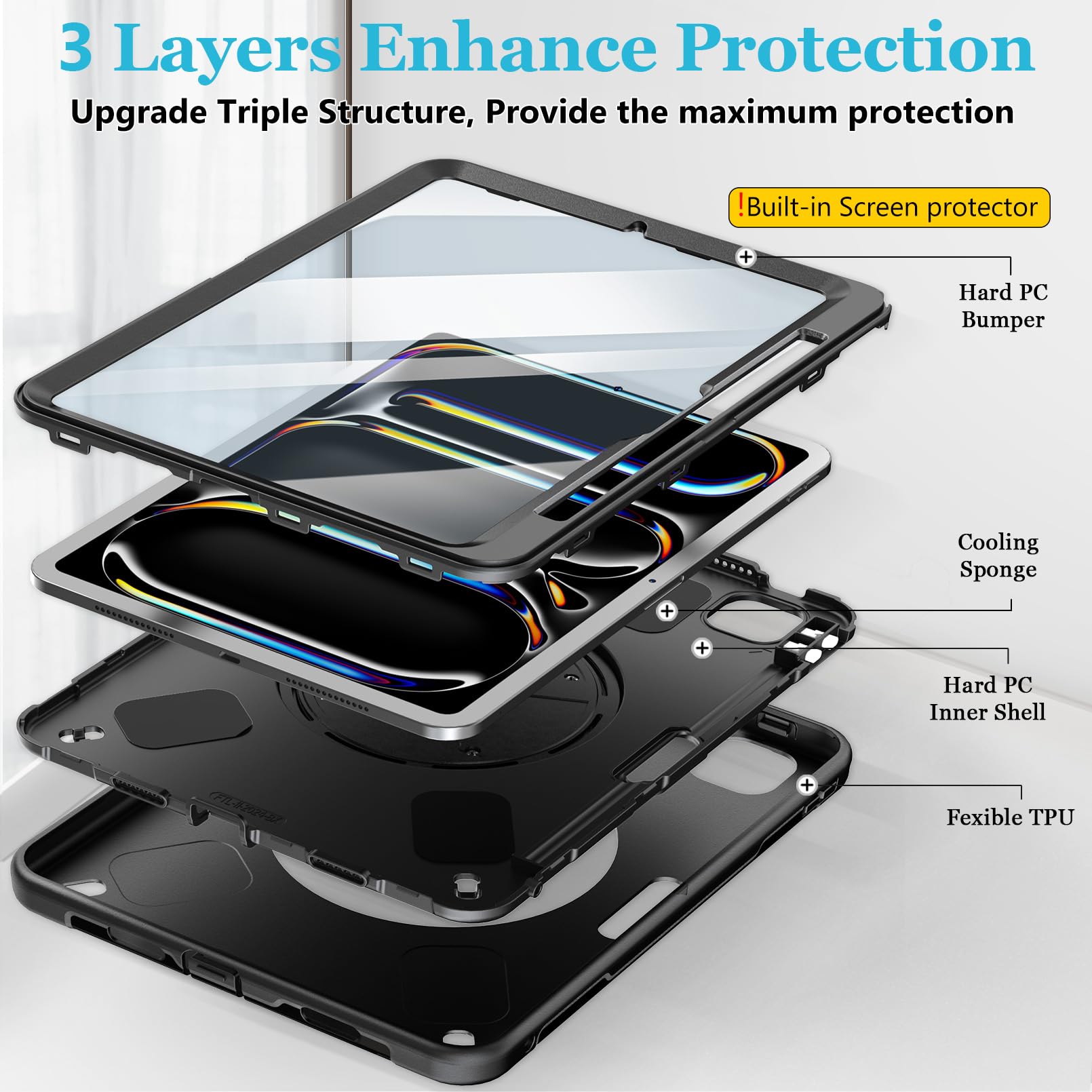 2024 iPad Pro 11 M4 Case - 5th Gen Protective Cover with Screen Protector, Stand, Handle, Shoulder Strap & Pencil Holder - Black - Perfect for Work, Travel & Creative Use