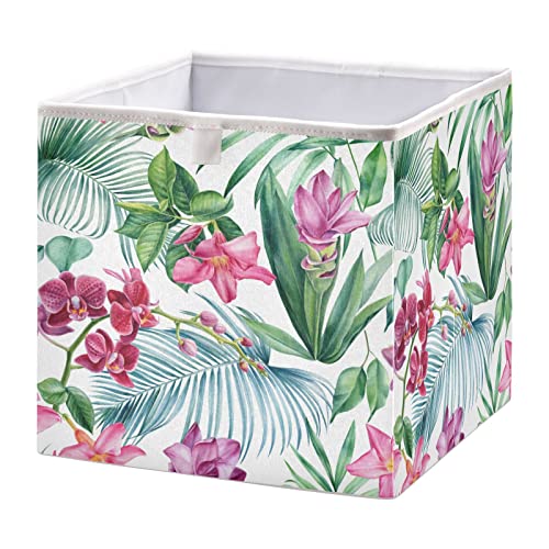 Foldable Waterproof Storage Cube Bin - 11x11x11 Inch Palm Leaves Tropical Design for Kids Toys, Books, Office & Home Organization | Perfect for Closet, Shelf & Playroom Storage