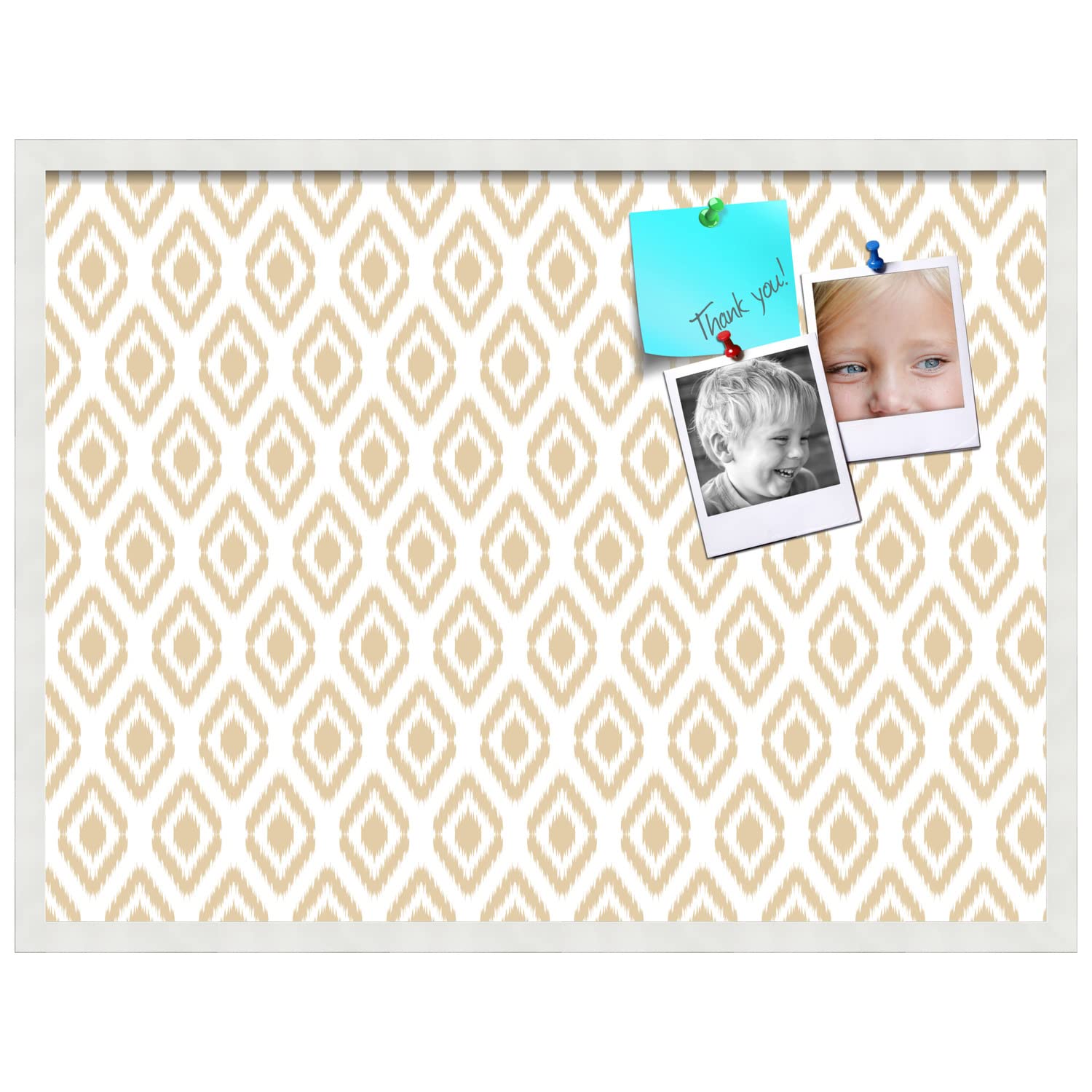 PinPix 32x24 Inch Cork Bulletin Board with Ikat Beige Design & Satin White Frame - Decorative Framed Pin Board for Home Office School Decor - Perfect for Notes, Photos, Reminders & Wall Organization
