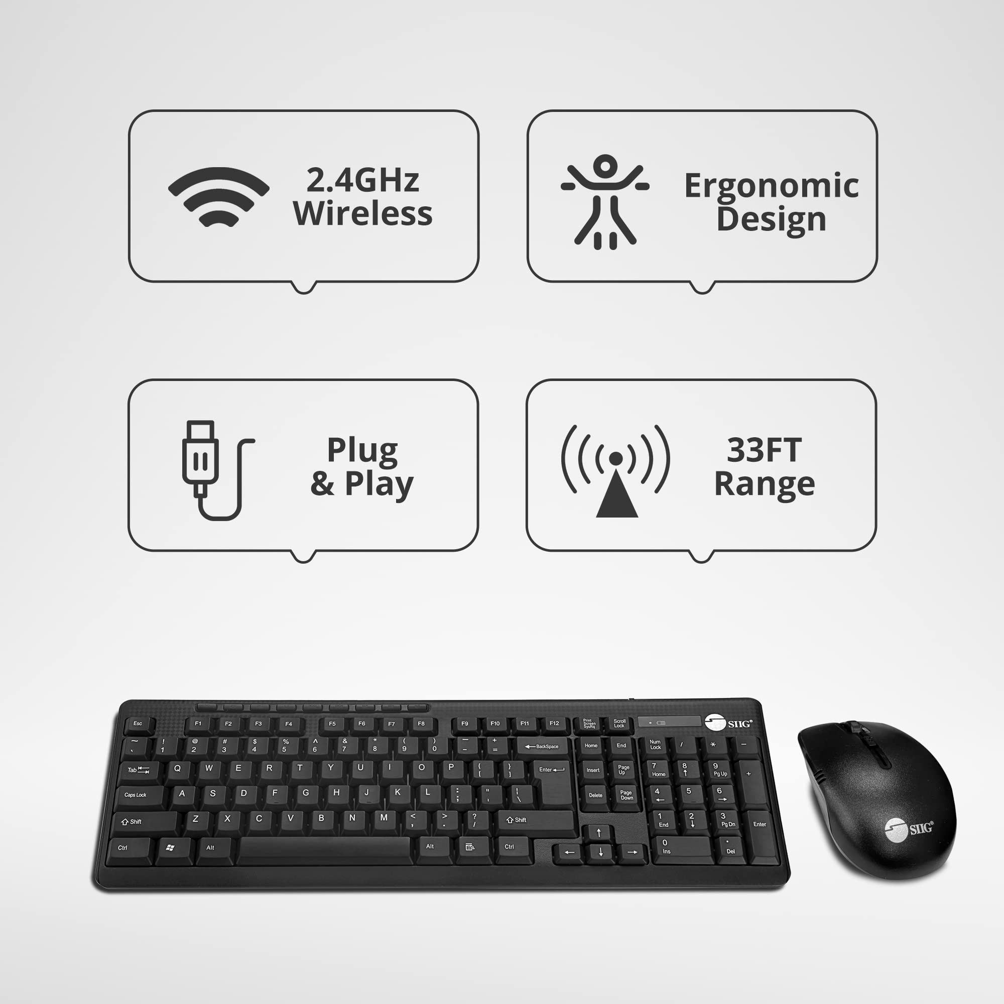 SIIG JK-WR0T12-S1 Wireless Keyboard and Mouse Combo - 102 Key Standard Size Keyboard with 3-Button Optical Mouse (Black) - Perfect for Office, Home & Gaming Use