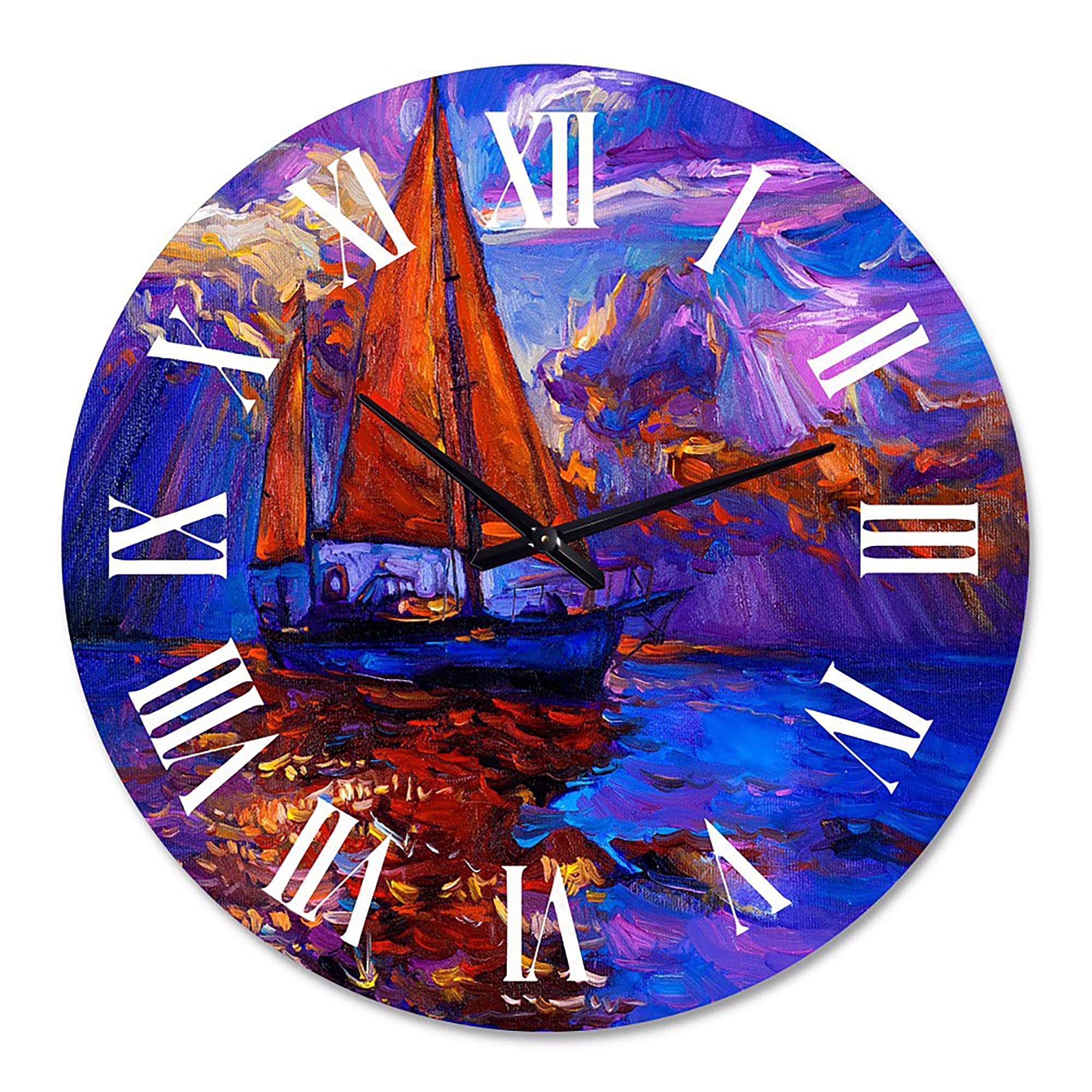 DesignQ Nautical Coastal Wall Clock - Red Sail Ship on Purple Sunset, 12 Inch Round Blue Wall Clock for Living Room, Bedroom, Office Decor | Perfect for Beach House, Coastal Theme & Home Interior Design