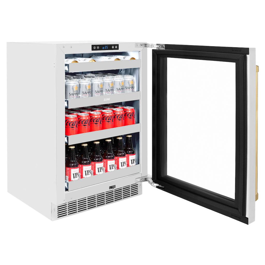 ZLINE Autograph Edition 24 Inch Touchstone 151 Beverage Refrigerator - Stainless Steel Glass Door with Polished Gold Handle - Compact Wine & Beer Cooler for Home Bar, Kitchen, or Office (RBSOZ GS 24 G)