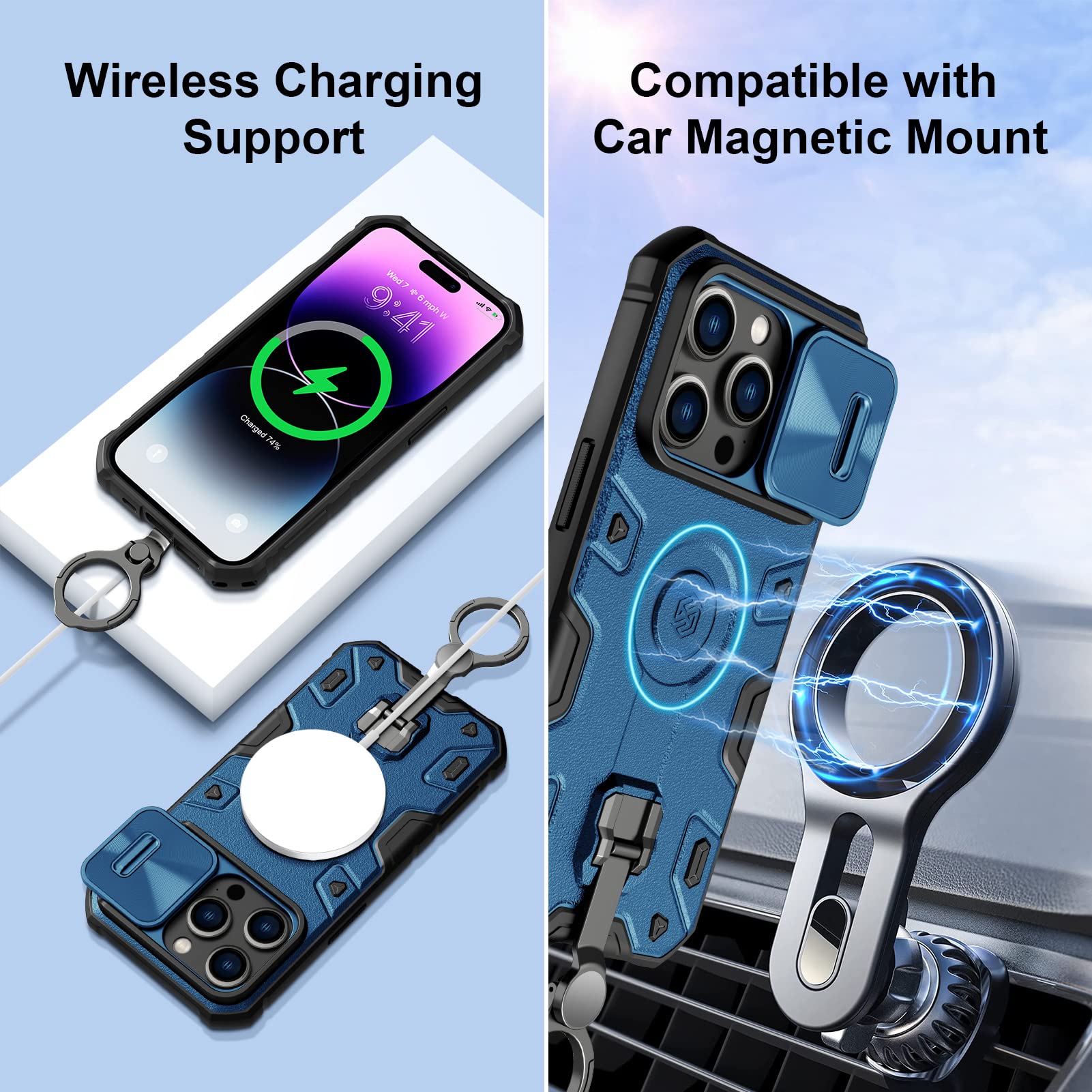 Nillkin Shockproof iPhone 14 Pro Max Case with Stand & Slide Camera Cover - Military Grade Protection, MagSafe Compatible for Wireless Charging & Magnetic Car Mount - Perfect for Travel, Work & Outdoor Activities (Blue)