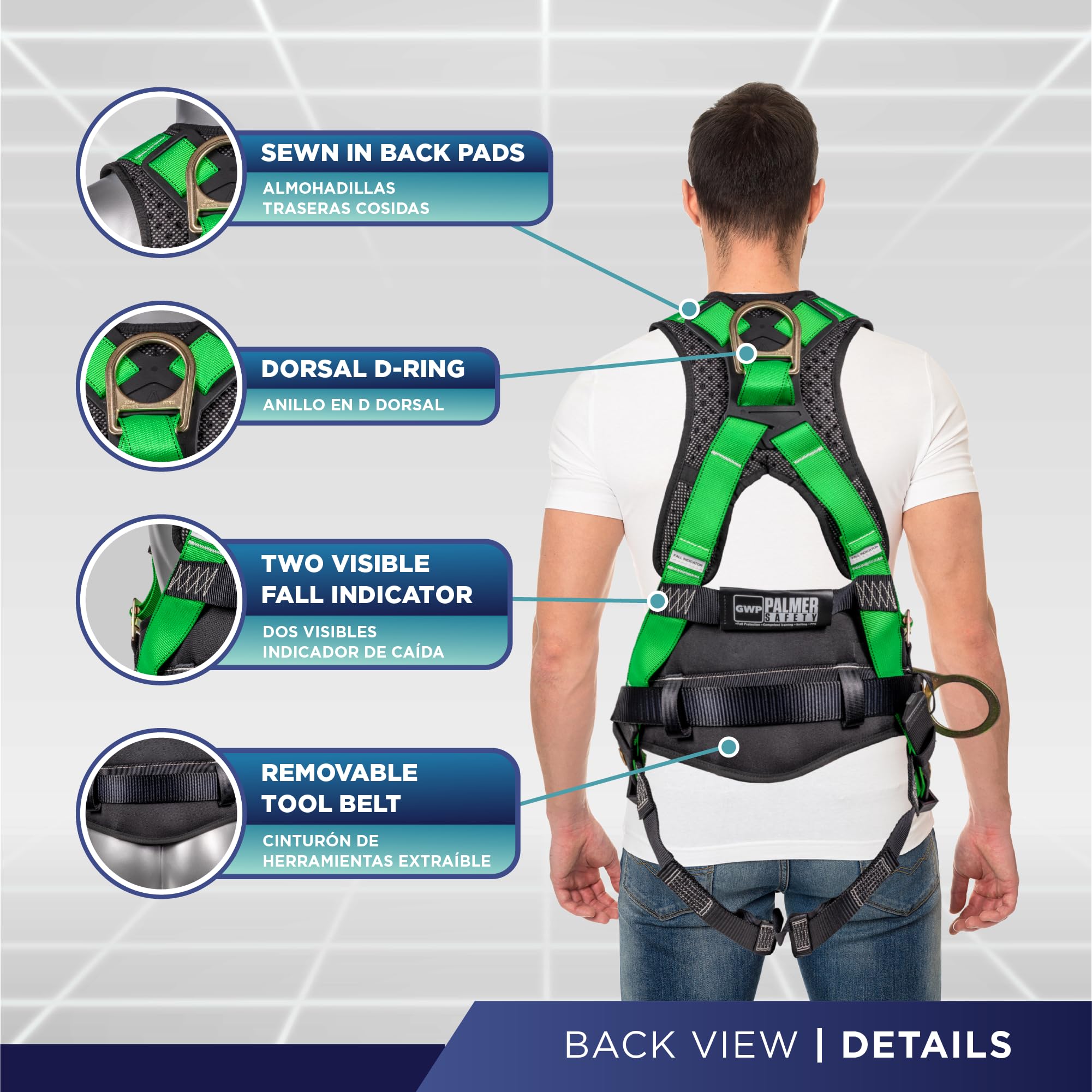 Palmer Safety Hammerhead 5-Point Safety Harness with Back Padding, QCB Chest Buckle, Tongue Buckle Leg Straps & D-Rings - OSHA Compliant Fall Protection for Construction, Roofing & Industrial Work