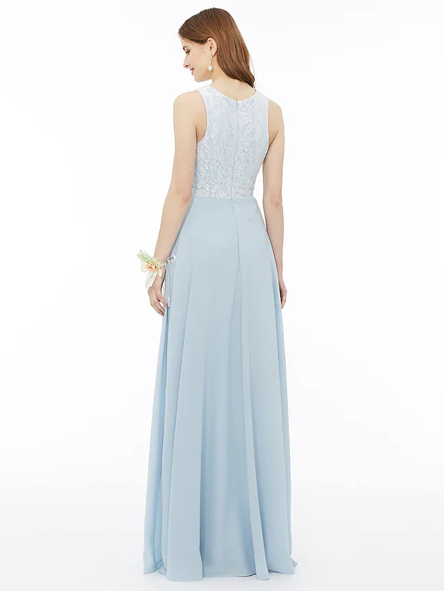 Elegant A-Line Bridesmaid Dress with Jewel Neckline, Sleeveless Floor-Length Chiffon & Metallic Lace - Pleated Draping & Appliques for Weddings, Formal Events & Special Occasions