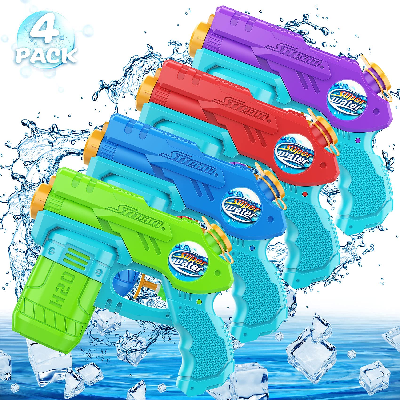 AOLUXLM Water Guns for Kids - 4 Pack Super Soaker Squirt Guns with 135ml Capacity | Outdoor Water Toys for Boys & Girls Ages 3+ | Perfect for Beach, Pool, Backyard & Summer Water Play