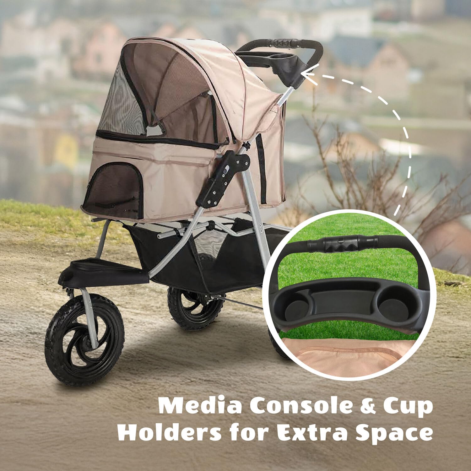 Critter Sitters 3-Wheel Jogging Dog Stroller with Storage Basket & Cup Holders - Modern Pet Stroller for Medium/Large Dogs up to 55lbs - Lightweight Puppy Stroller for Daily Walks, Park Visits & Outdoor Adventures (Tan)