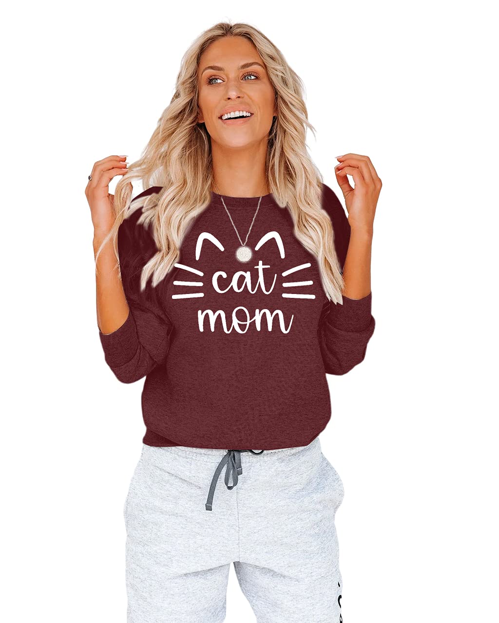 Cat Mom Sweatshirt for Women - Cute Cat Mama Long Sleeve T-Shirt with Letter Print - Perfect for Casual Wear, Cat Lover Gifts & Mother's Day