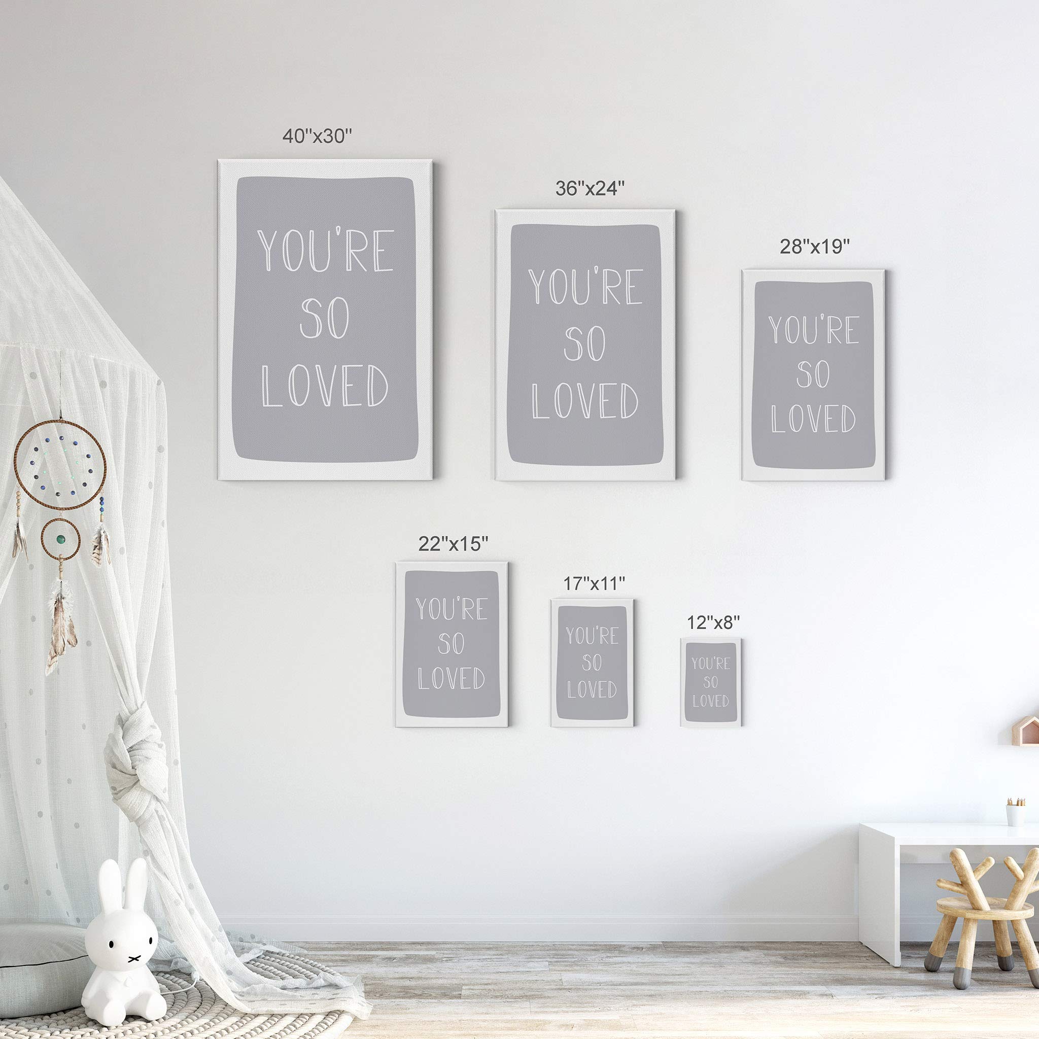 You're So Loved Lettering Blue Background Canvas Print - 36x24 Inch Nursery Wall Art, Kids Room Decor, Baby Room Decor - Ready to Hang, Made in USA | Perfect for Nursery, Bedroom, Playroom & Gift Giving
