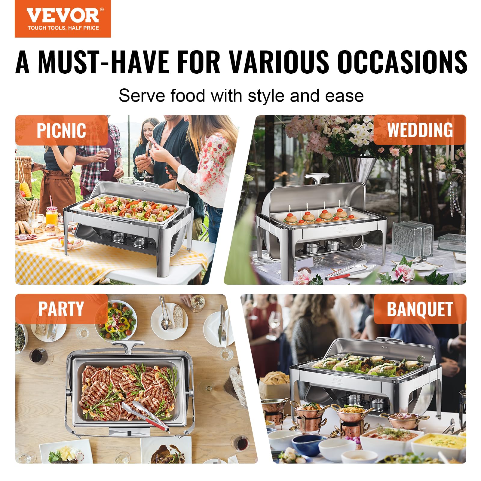 VEVOR 9 Qt Stainless Steel Roll Top Chafing Dish Buffet Set with Full Size Pan, Rectangle Catering Warmer with Lid, Water Pan Stand & Fuel Holder - Perfect for Buffets, Catering Events, Wedding Receptions & Serving 9+ People