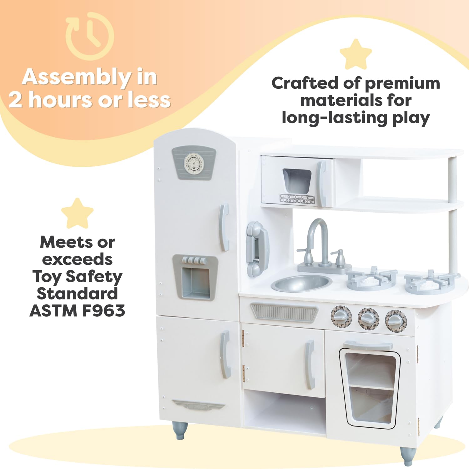 KidKraft Vintage Wooden Play Kitchen for Kids - White Pretend Kitchen Set with Ice Maker & Toy Phone | Perfect for Pretend Play, Role Playing & Early Childhood Development
