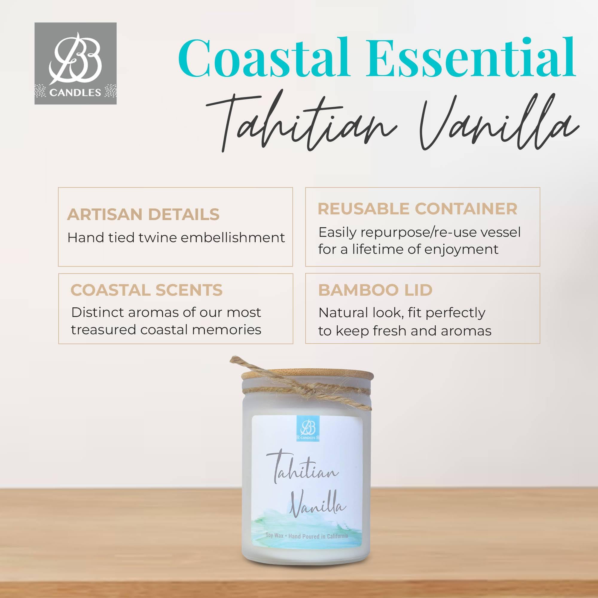 Coastal Essentials Natural Soy Hand-Poured Candle - Tahitian Vanilla Scent, 12oz Long-Lasting Artisan Candle (90+ Hours Burn Time) | Strong Fragrance for Home, Office, Spa & Relaxation