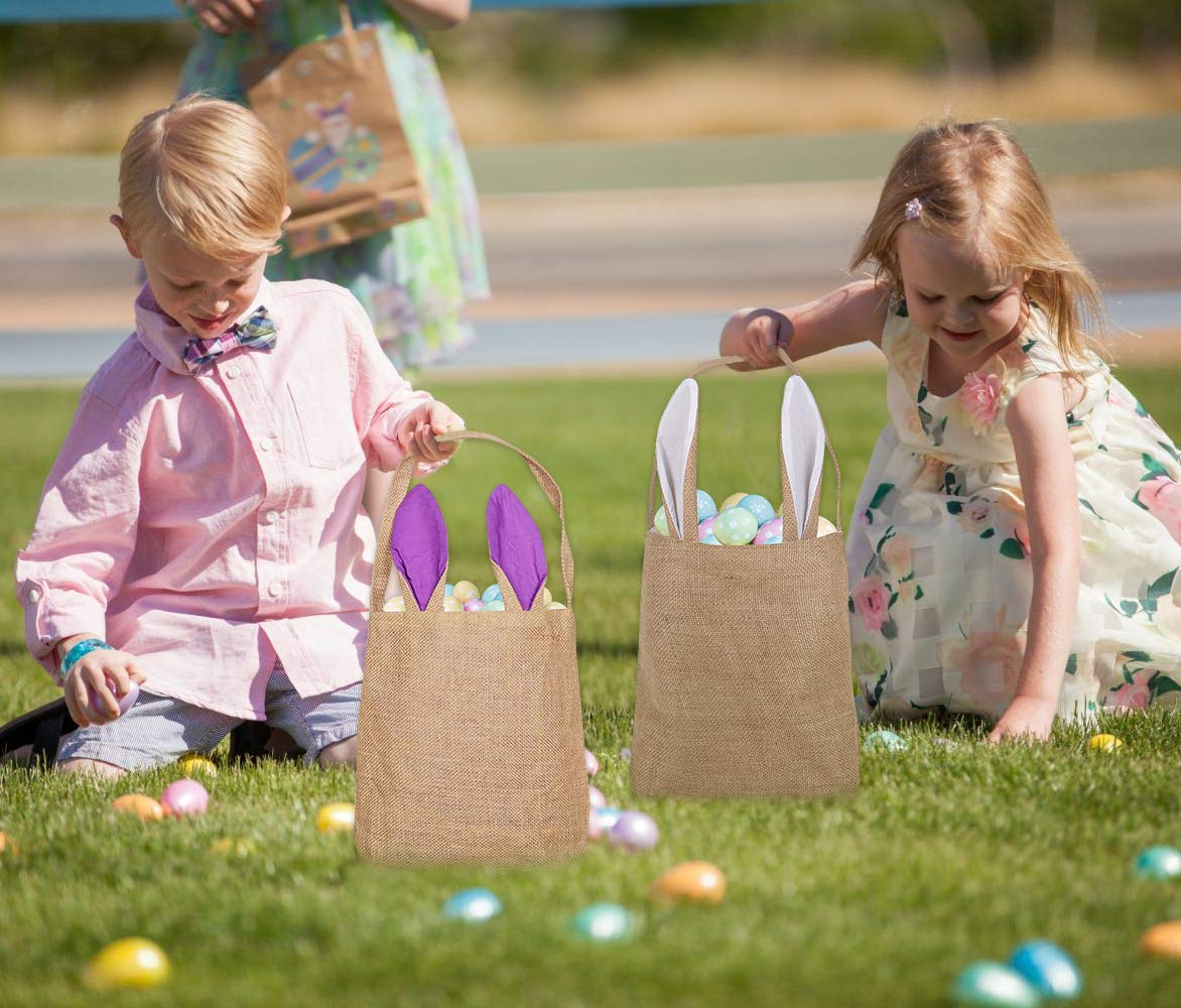 KEFAN 6 Pack Easter Bunny Bags - Eco-Friendly Jute Burlap Bunny Ear Tote Baskets for Easter Egg Hunt, Party Favors & Spring Decorations