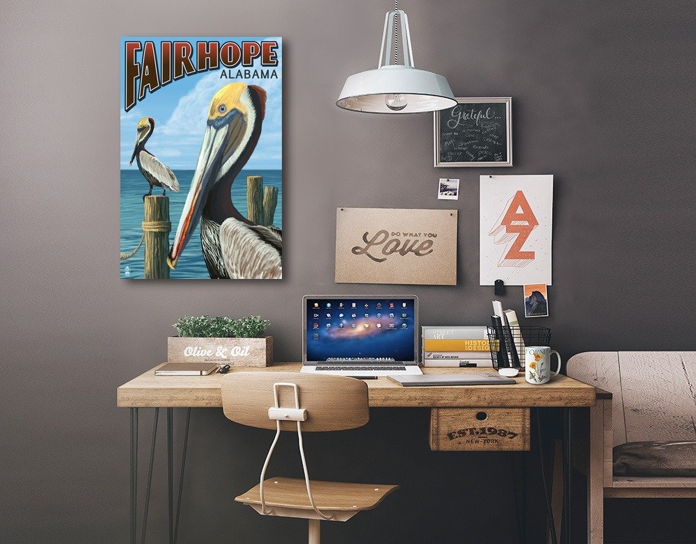 Lantern Press Fairhope Alabama Pelican Scene - 16x24 Wrapped Canvas Wall Art for Living Room, Bedroom & Office Decor