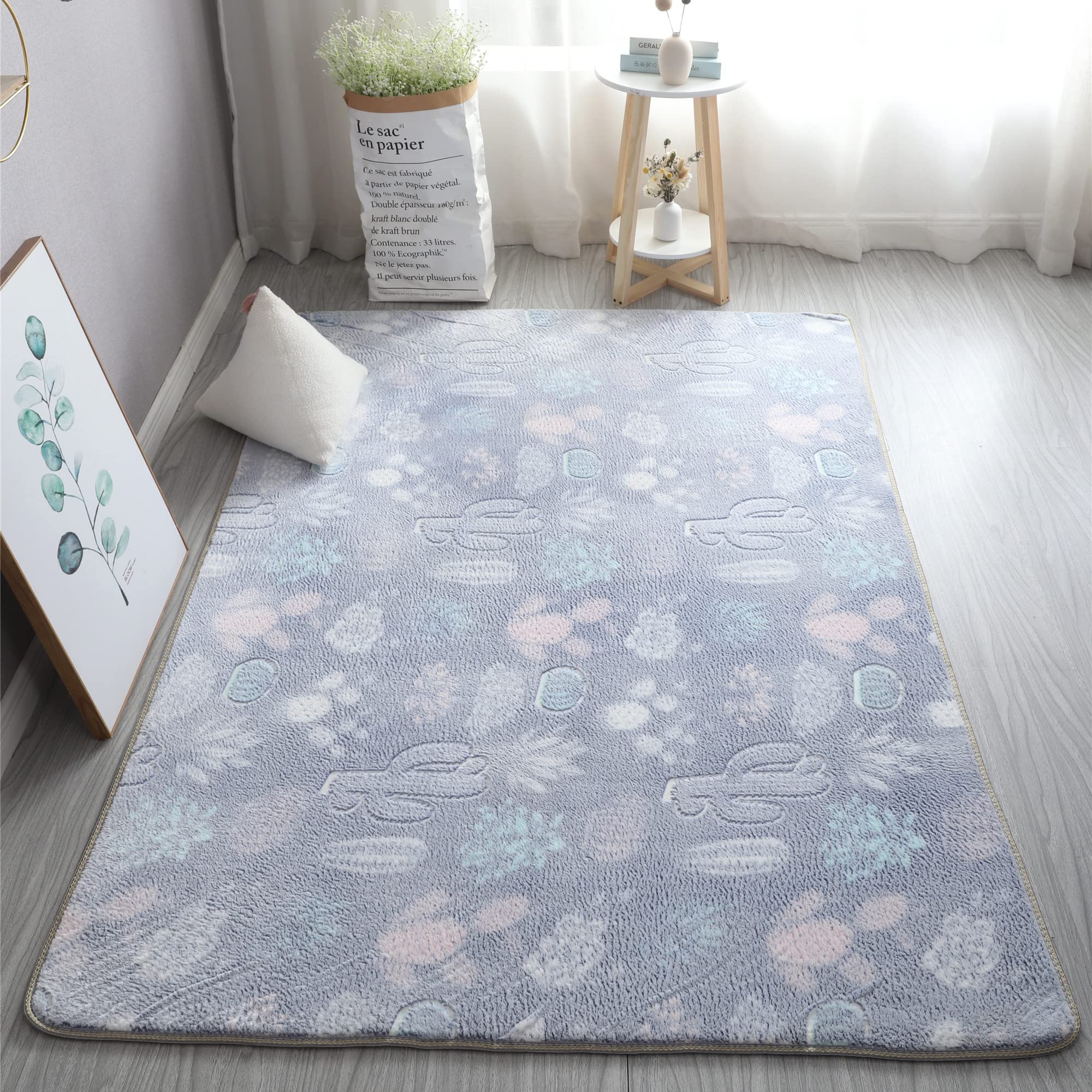 Glow in The Dark Luminous Area Rug - Soft Washable Modern Indoor Carpet for Bedroom, Living Room, Dorm & Kids Room Decor - Grey Cactus Design (6.6x10 Feet) - Perfect for Nighttime Safety & Cozy Home Ambience