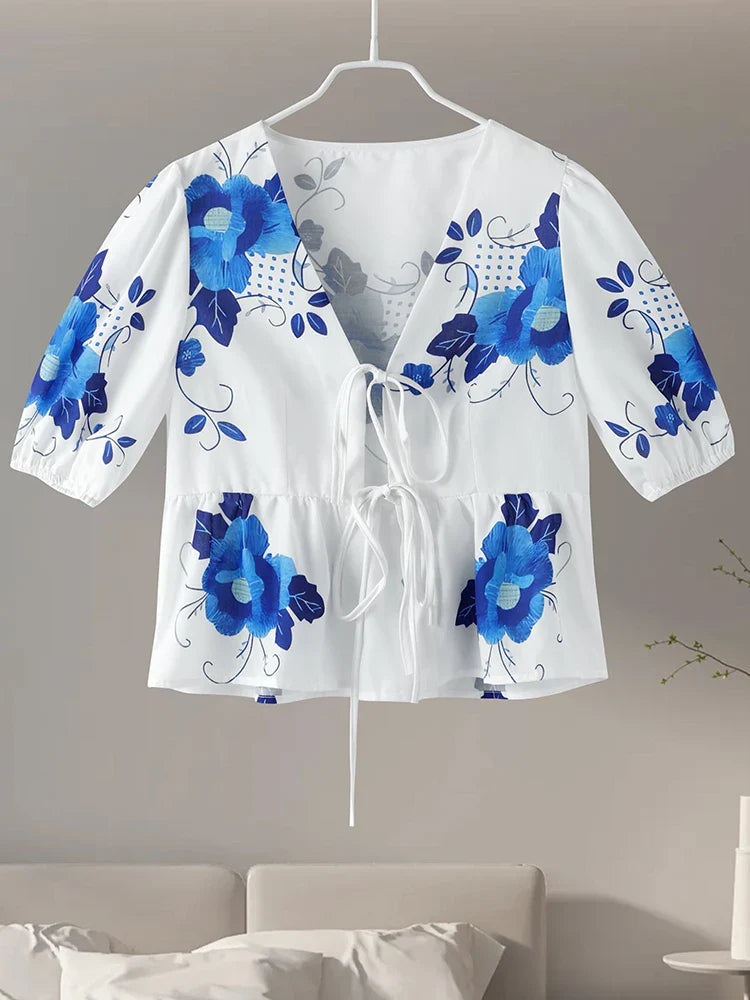 Women's Fashion Print Bow Lace-Up Blouse - Loose V-Neck Short Puff Sleeve Top for Spring & Summer | Casual Floral Shirt for Ladies | Perfect for Office Wear, Date Nights & Weekend Outings