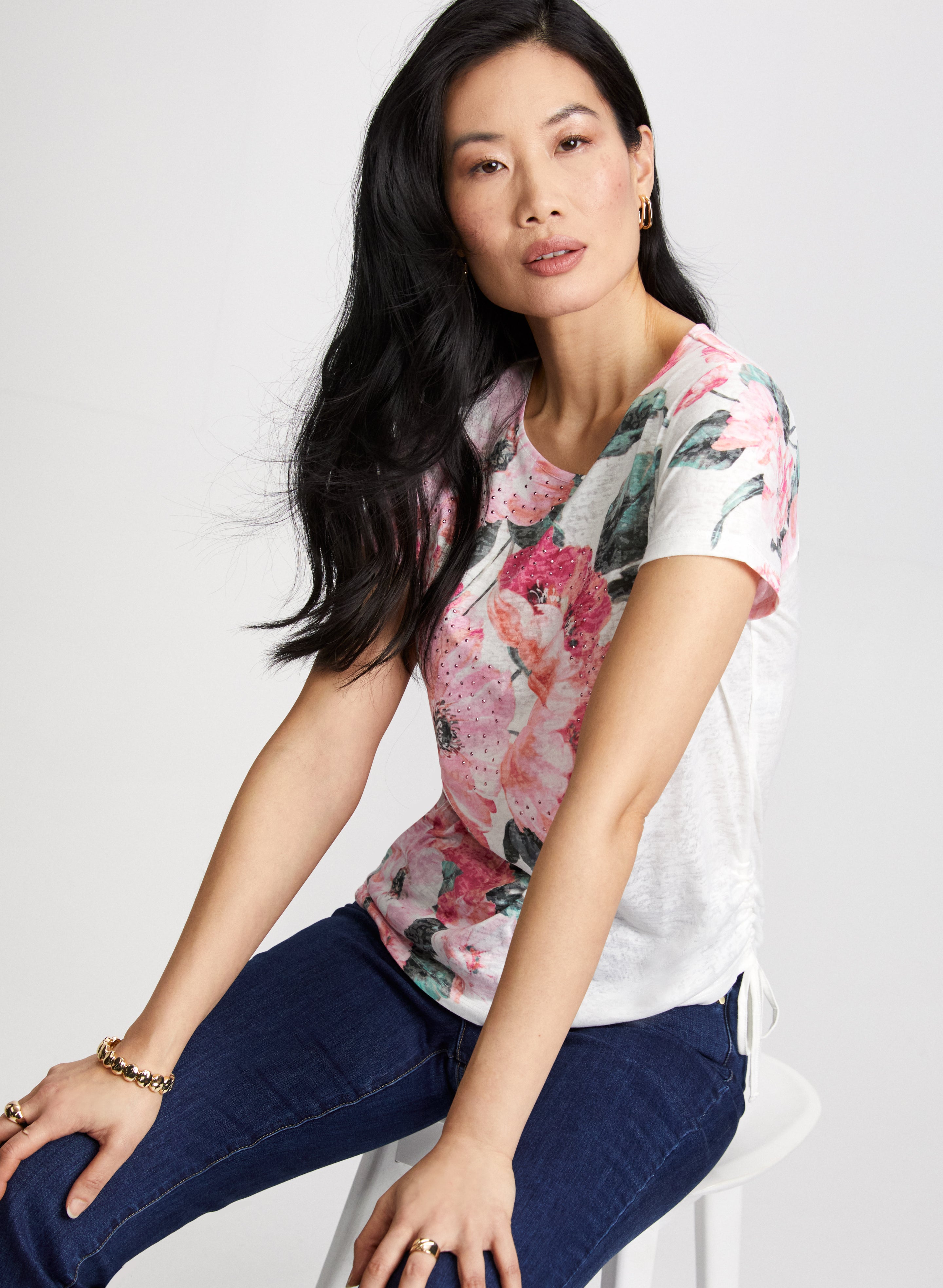 Floral Print Drawstring T-Shirt for Women - Casual Summer Blouse with Adjustable Waist - Perfect for Beach, Vacation & Outdoor Activities