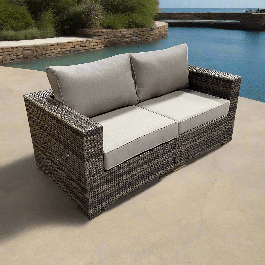 Brown Valence Outdoor Patio Wicker Loveseat with Sunbrella Taupe Cushions - Waterproof & UV Resistant for Garden, Poolside, and Backyard Relaxation