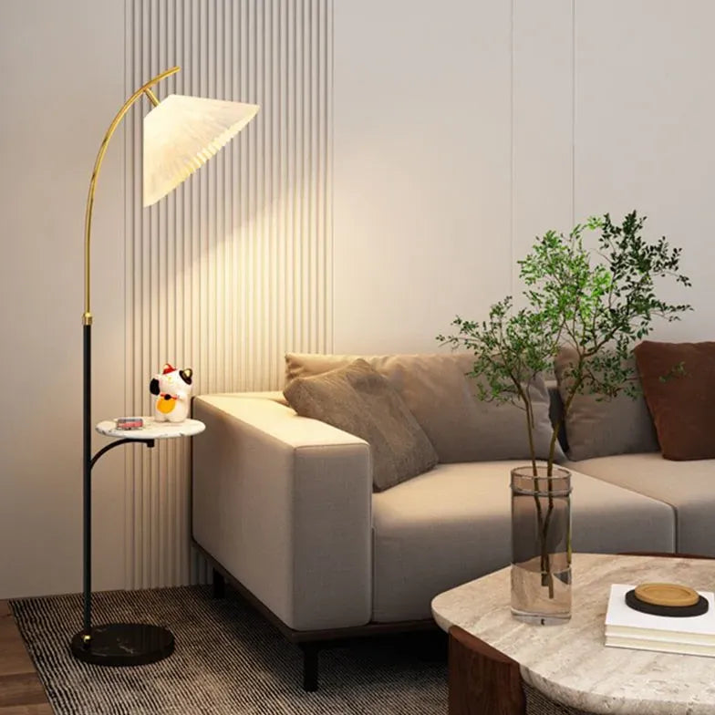 Modern Arched Floor Lamp with Small Table - Adjustable Standing Light for Living Room, Bedroom & Office - Dimmable LED Reading Light with Side Table & USB Charging Port