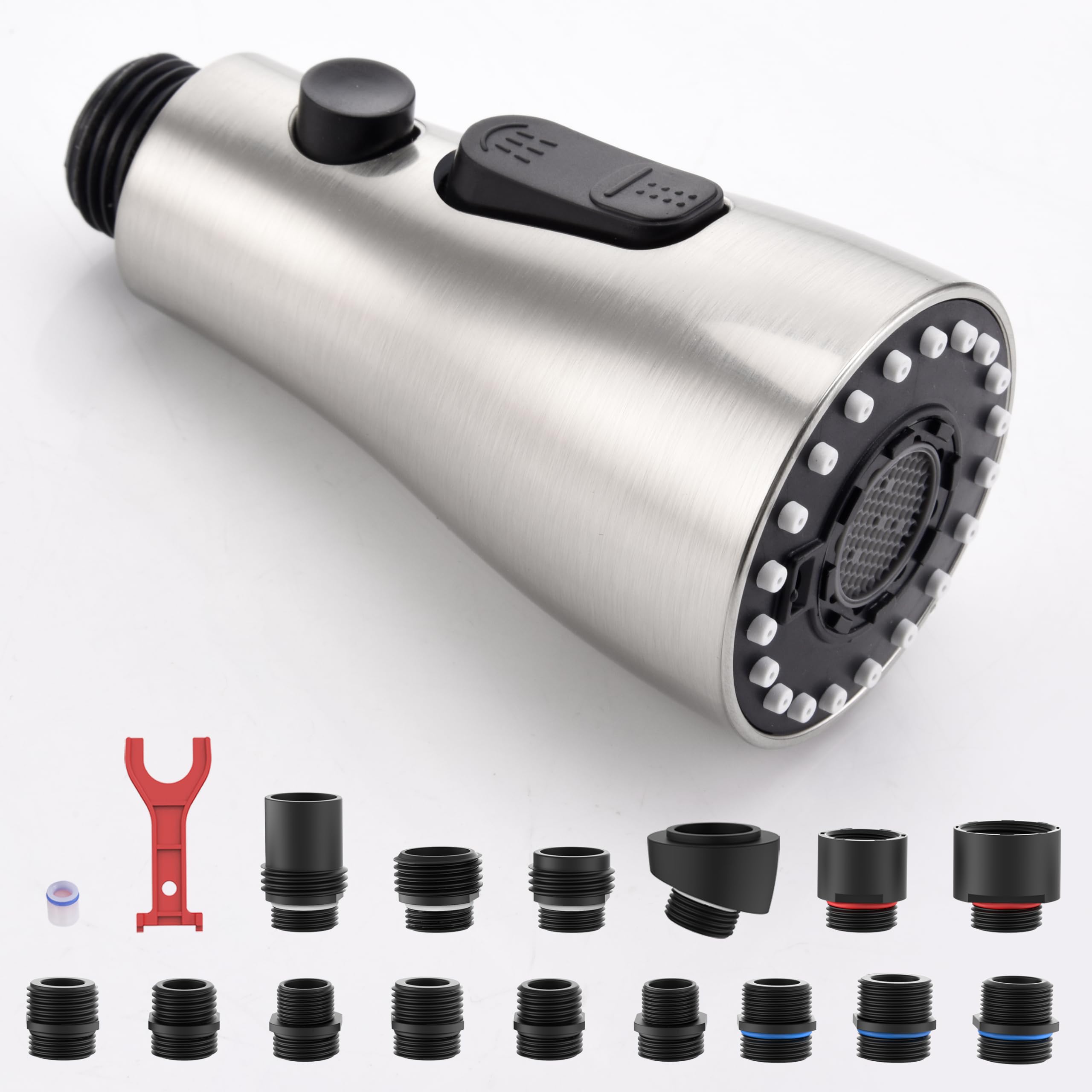 J-HVA Pull Down Kitchen Faucet Sprayer Head Replacement with 15 Adapters - 3 Function Pull Out Sink Sprayer Nozzle, Brushed Nickel - Perfect for Kitchen Sink Faucet Repair & Upgrade, Dish Washing & Food Prep