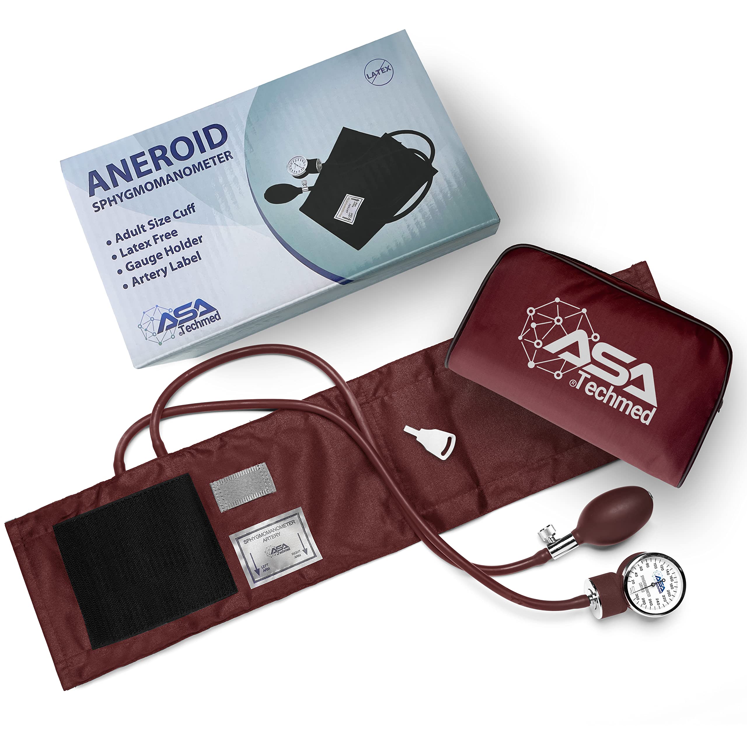 ASA TECHMED Manual Blood Pressure Monitor - Aneroid Sphygmomanometer with Universal Cuff for Home & Clinical Use - Accurate Arm Blood Pressure Measurement Device for Nurses & Adults (Maroon) - Perfect for Health Monitoring, Doctor's Office & Home Care