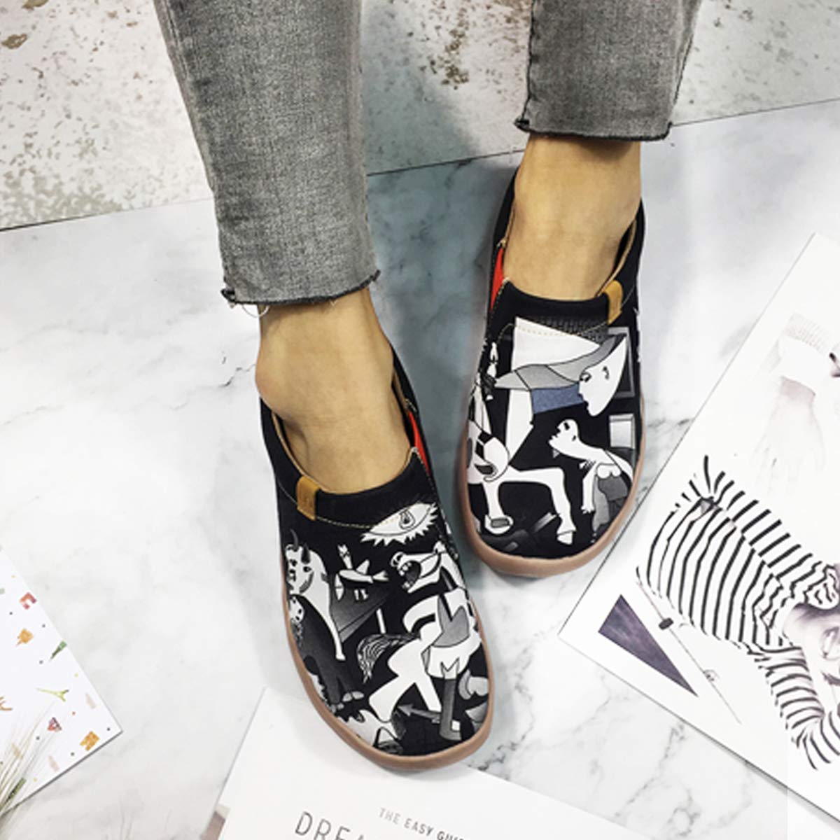 UIN Women's Slip On Sneakers - Casual Knit Loafers with Artistic Painting | Comfortable Soft Walking Shoes for Women | Perfect for Work, Travel & Everyday Wear