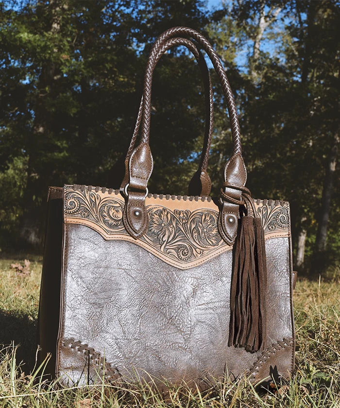 Montana West Genuine Leather Tooled Fringe Tote Bag for Women - Stylish Western Handbag for Work, Travel & Everyday Use