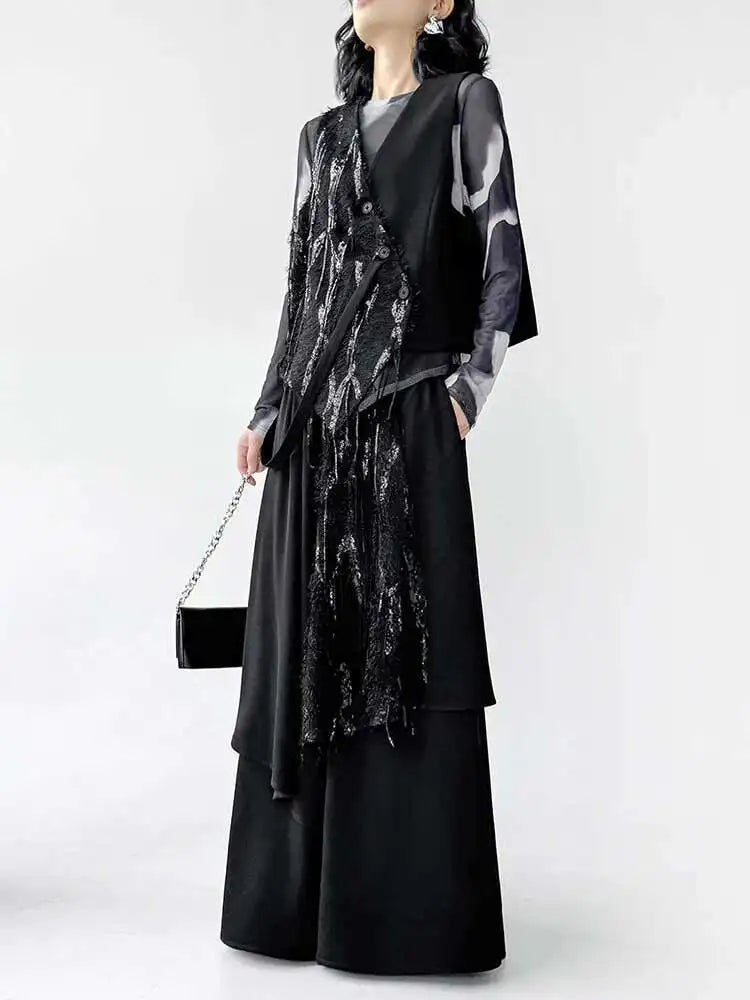 2025 Trendy Women's Big Size Irregular Vest & Sequins Wide Leg Pants Two-Piece Suit - V Neck Sleeveless Outfit for Spring/Autumn Fashion | Perfect for Parties, Date Nights & Special Occasions