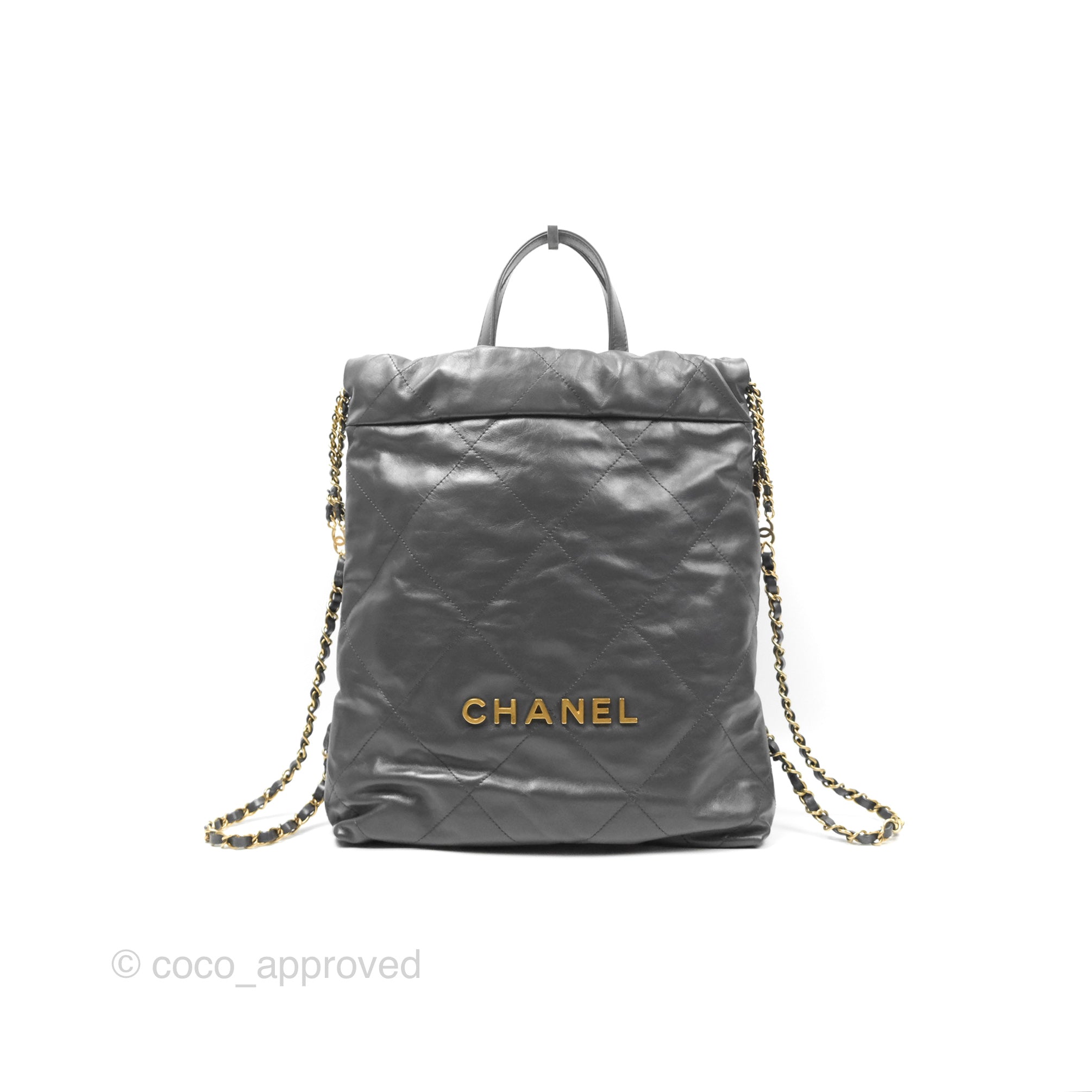 Chanel 22 Small Quilted Backpack in Dark Grey Shiny Calfskin Leather - Luxury Designer Handbag for Women, Perfect for Everyday Use & Travel Accessories