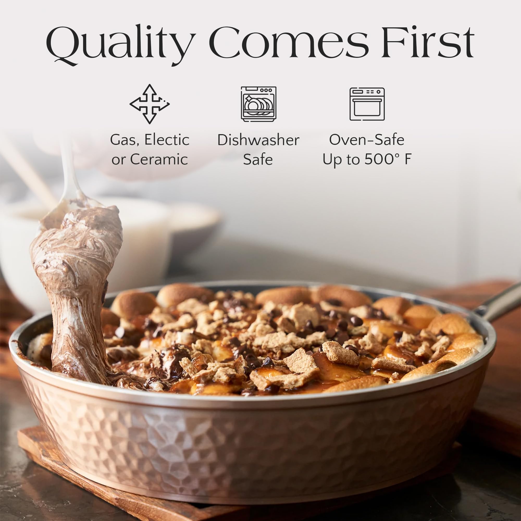 10-Piece Ceramic Non-Stick Cookware Set with Glass Lids - Rose Gold Hammered Design, Oven & Stove Top Safe (500°F), Lightweight & Durable Pots and Pans for Everyday Cooking, Frying, Baking & Serving