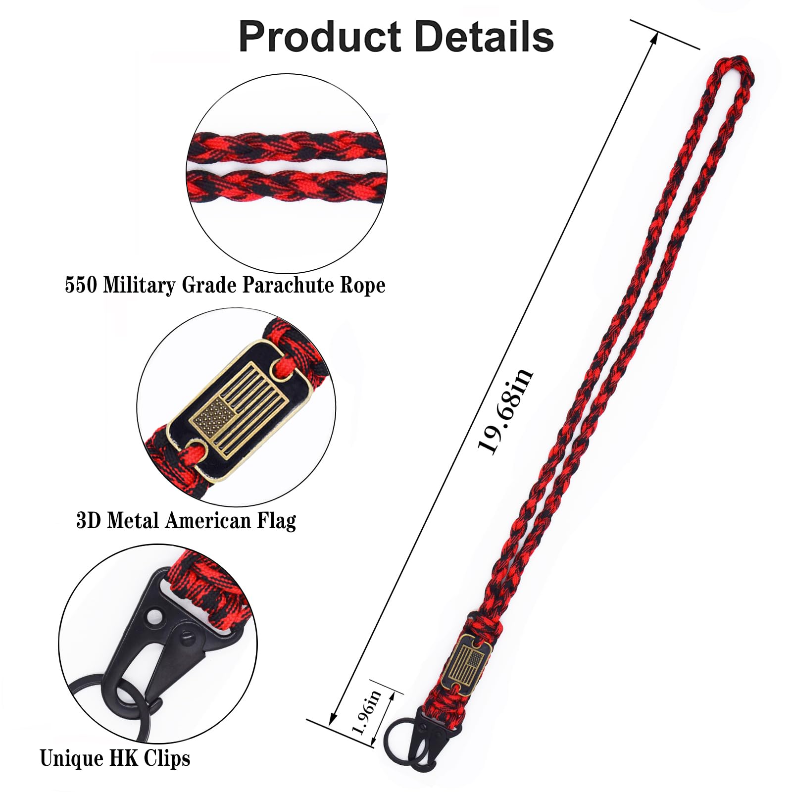 USA Flag Heavy Duty Braided Paracord Lanyard Keychain - Military Grade Parachute Rope Necklace with Metal HK Clip Key Ring - Perfect for Outdoor Activities, Camping, Hiking, Travel & Camera Gear Accessories