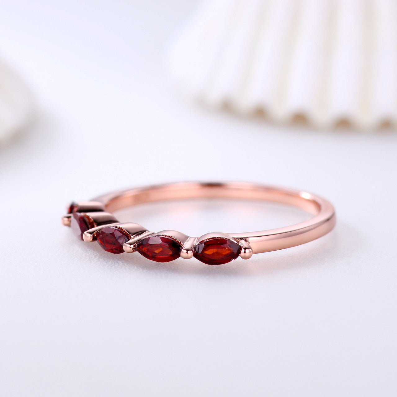 Marquise Shaped Garnet Wedding Band Rose Gold Engagement Ring - Matching Stacking Band for Women | Perfect for Bridal Sets, Anniversary Gifts & Everyday Elegance