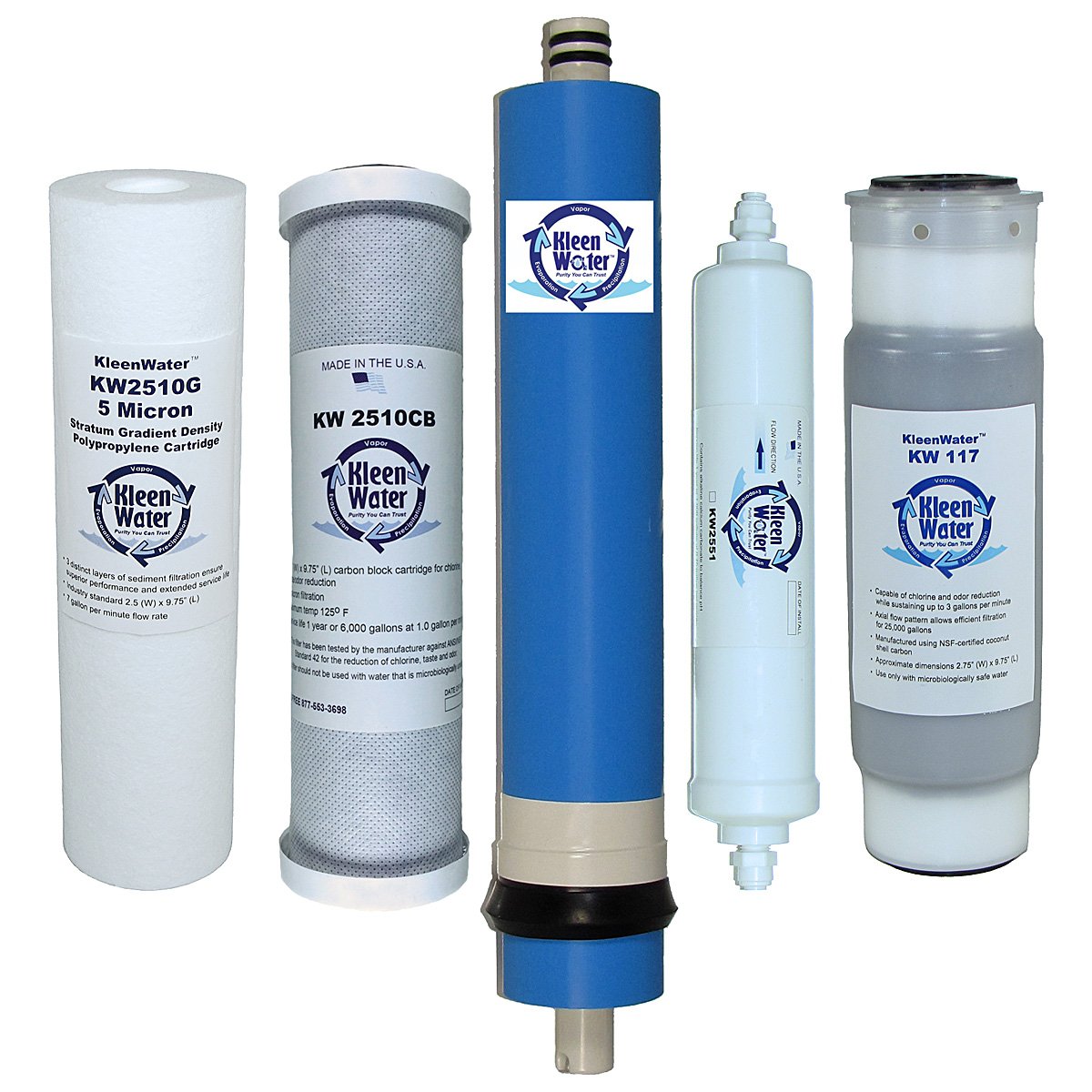 Kleenwater Replacement Filter Set for iSpring RCC7 RCC7P RCW5 - 5-Stage Reverse Osmosis Water Filtration System - 5-Pack Filters for Clean Drinking Water at Home & Office