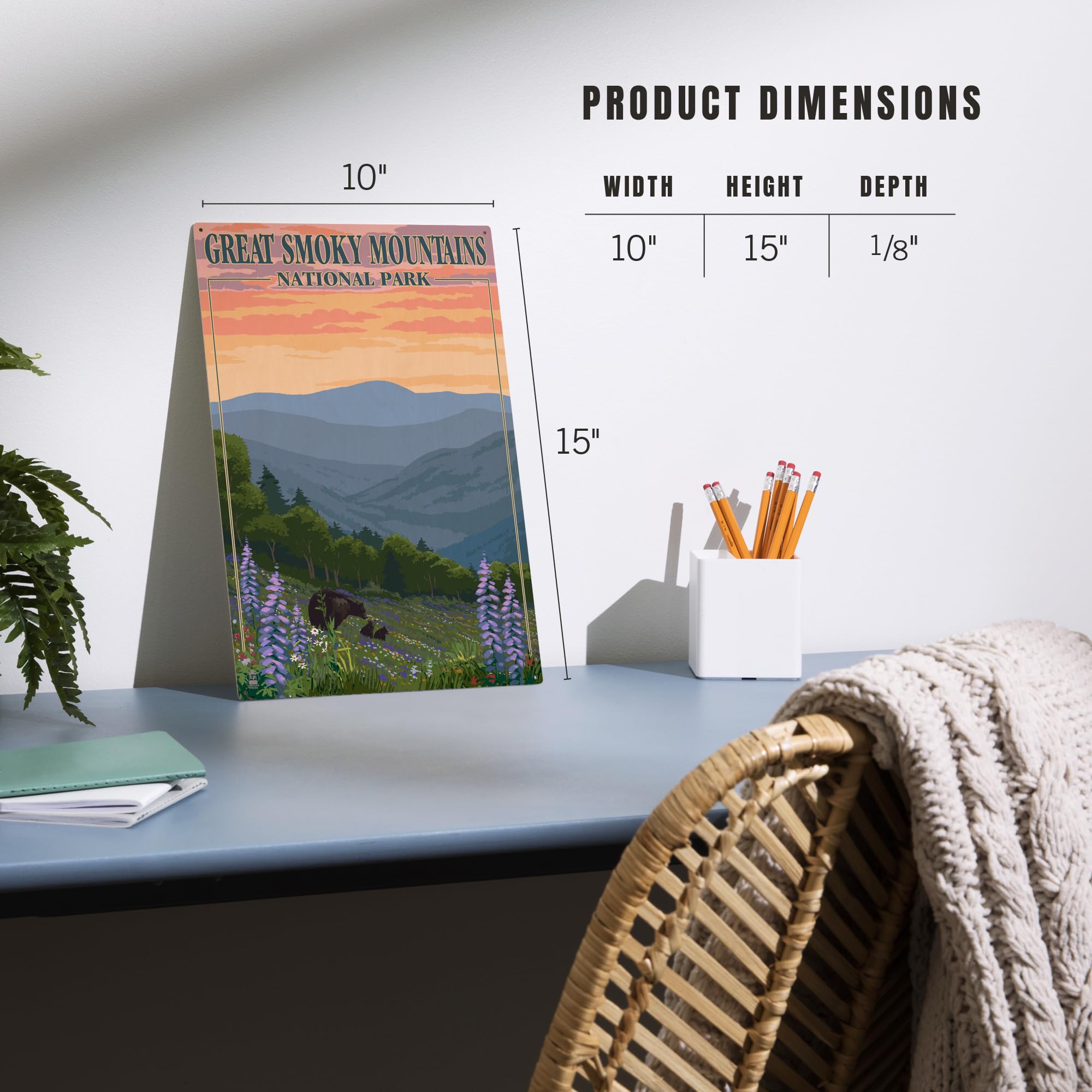 Lantern Press 10x15 Inch Wooden Wall Sign - Ready to Hang Smoky Mountains National Park Decor with Bear & Spring Flowers Design - Perfect for Cabin, Living Room or Outdoor Patio Decor