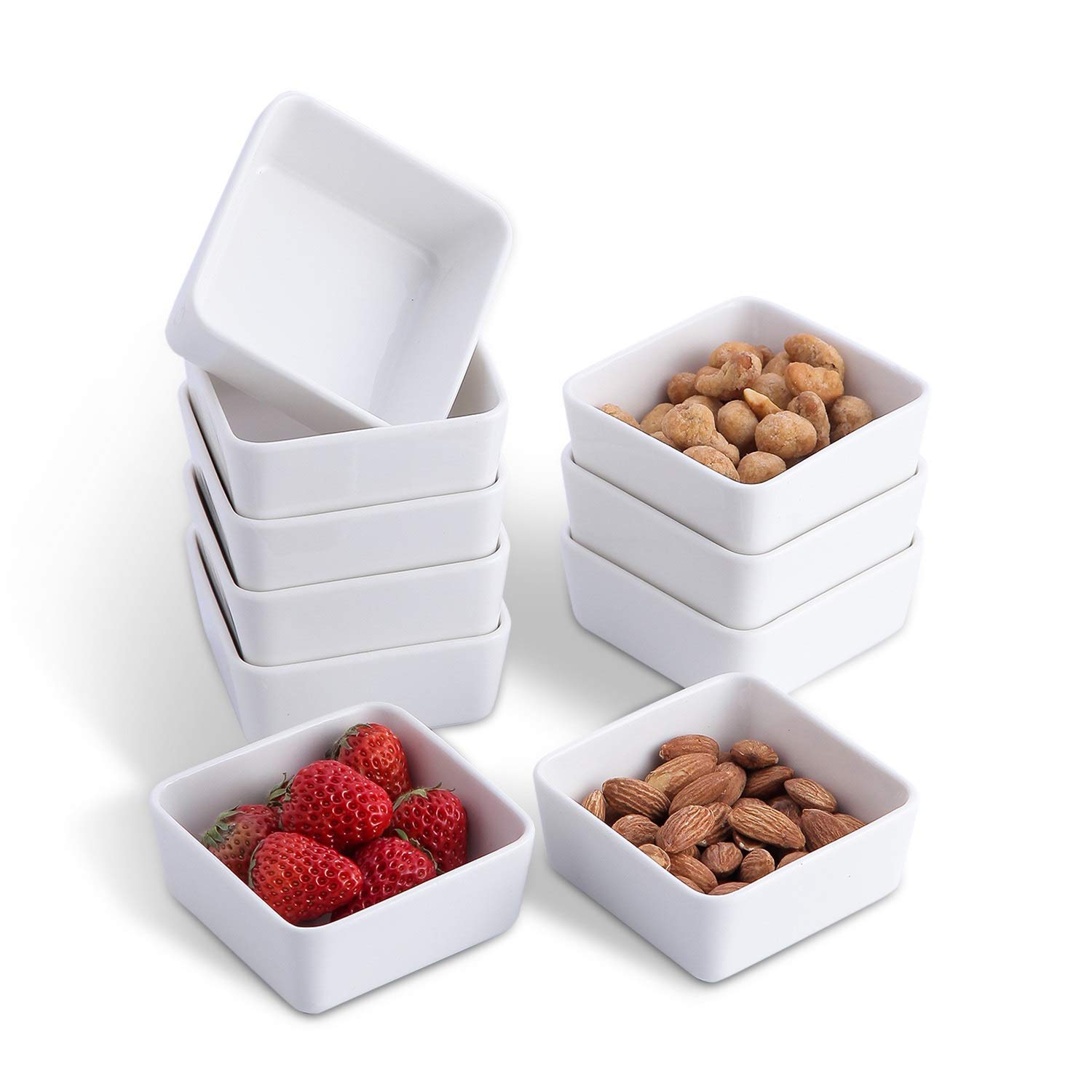 10-Pack 6 oz White Porcelain Ramekins - 3.5 Inch Square Baking Dishes for Creme Brulee, Souffle, Custard & Pudding | Perfect for Appetizers, Dipping Sauces & Dessert Presentation | Oven, Microwave & Dishwasher Safe