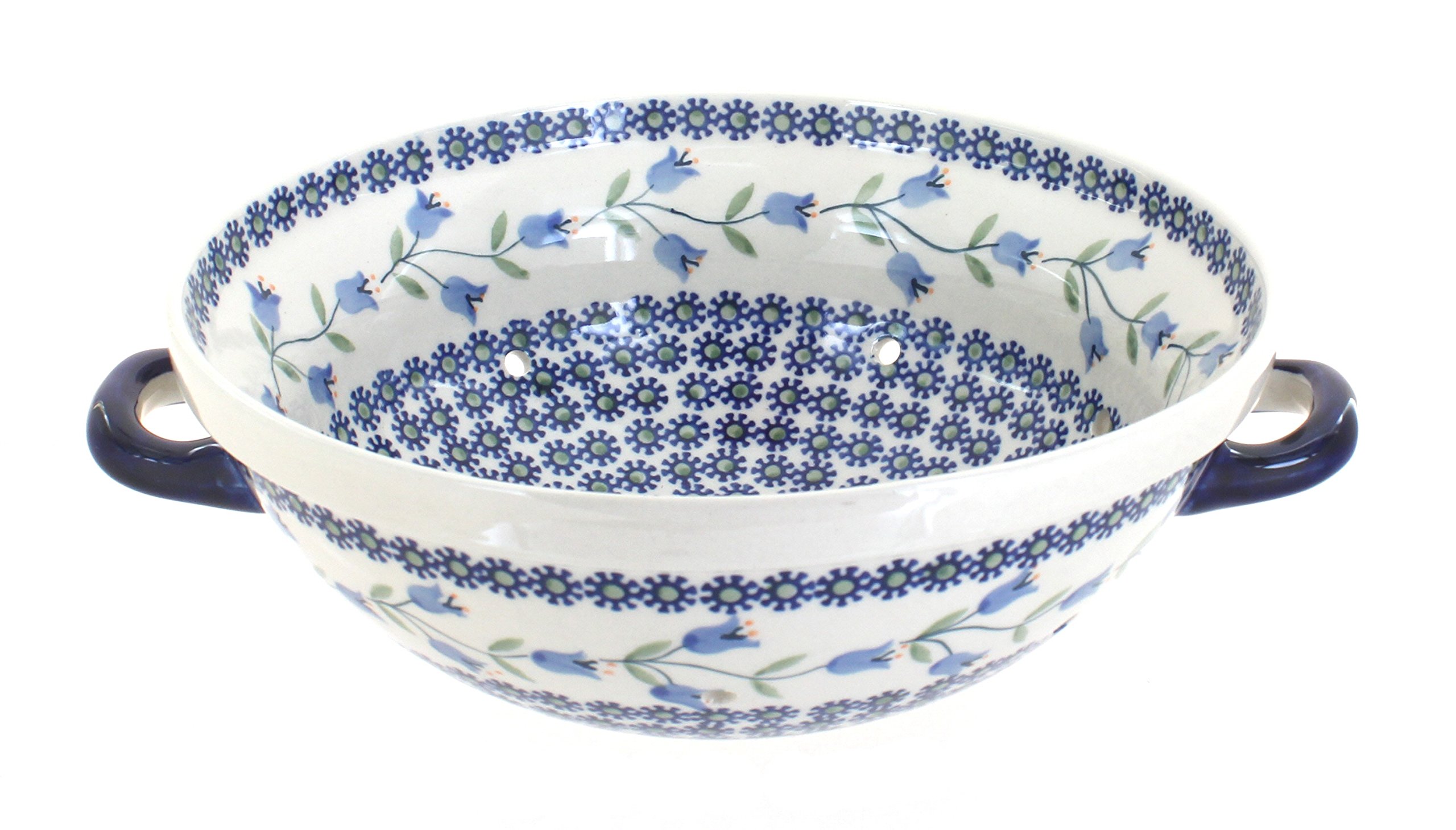 Handmade Blue Rose Polish Pottery Tulip Colander - Vintage Style Ceramic Strainer for Pasta, Salad & Fruit - Perfect for Farmhouse & Boho Kitchen Decor