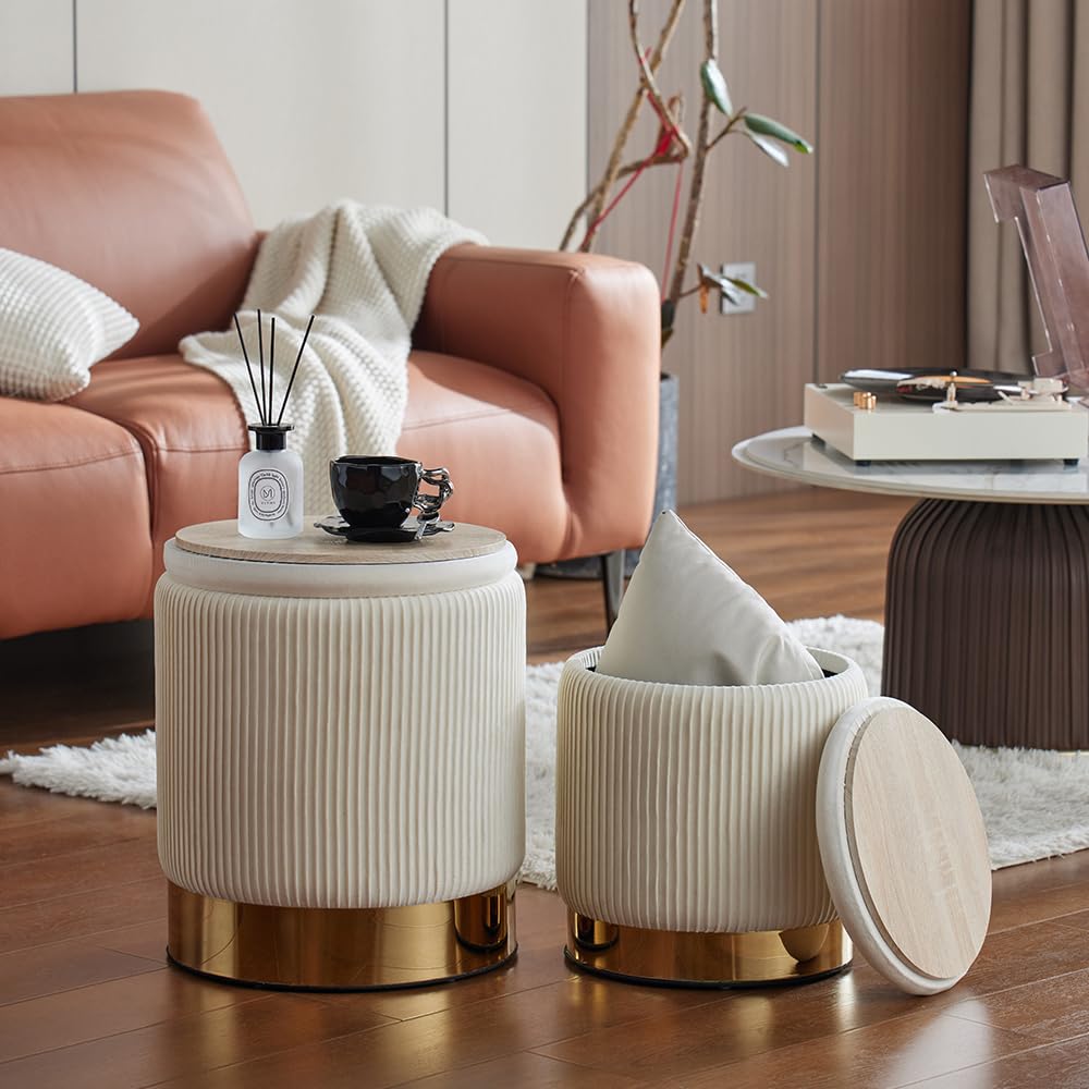 Round Velvet Storage Ottoman Set of 2 - White Upholstered Footrest Pouf with Hidden Storage for Living Room, Bedroom & Dorm - Perfect for Extra Seating, Footrest & Home Organization