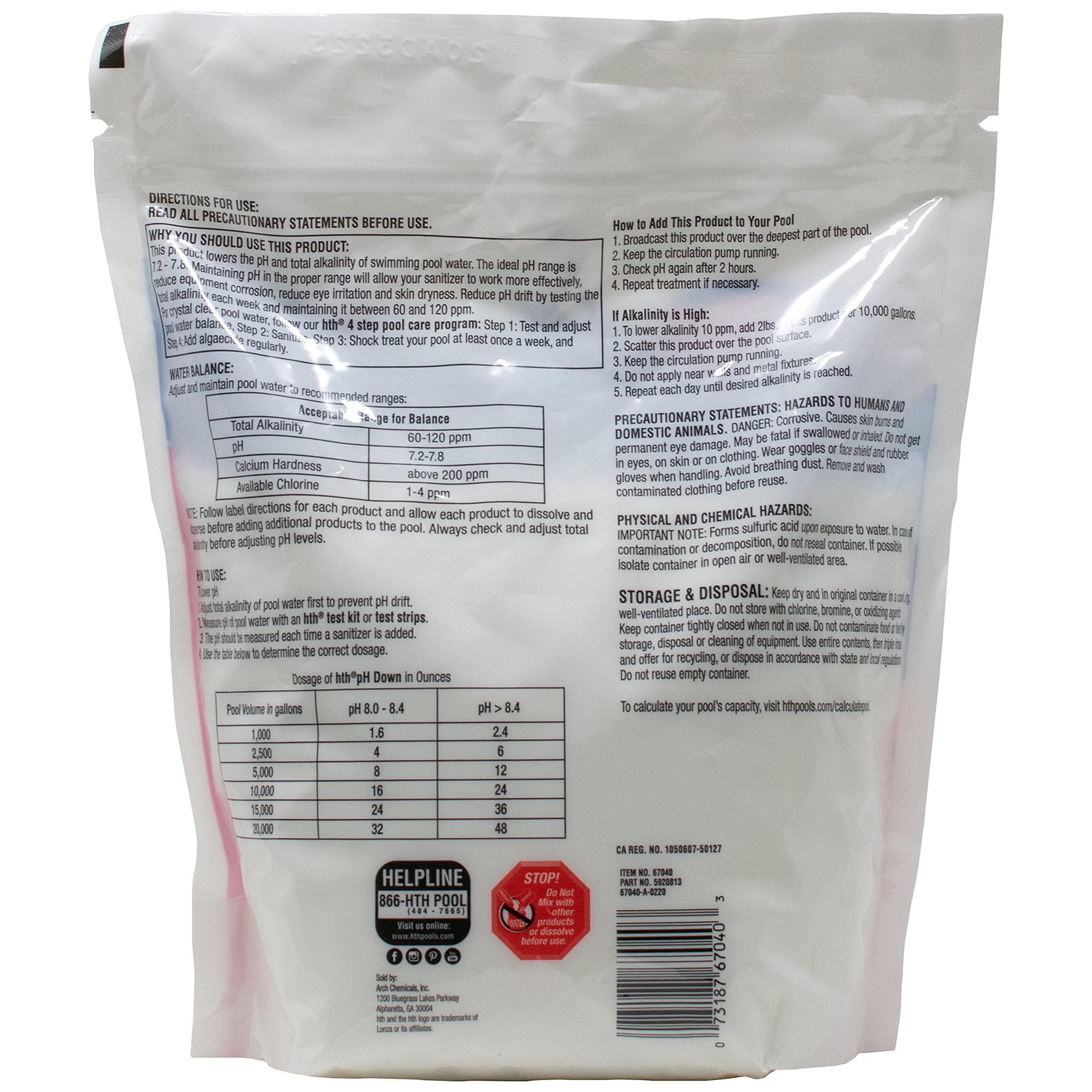 HTH 67040 pH Down Swimming Pool Chemical Balancer - 5 lbs | Lowers pH Levels for Crystal Clear Water | Perfect for Inground & Above Ground Pools, Spas & Hot Tubs