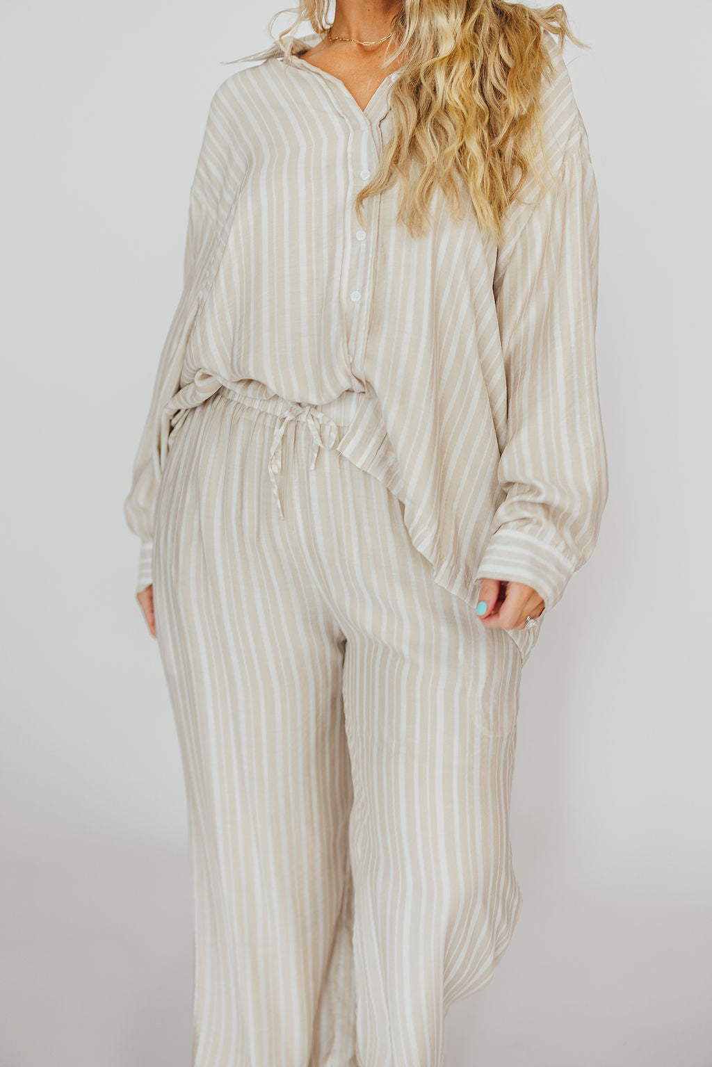 Sloane Striped Nursing-Friendly Button Down Shirt & Pants Set in Natural - Comfortable Maternity Outfit for Breastfeeding Moms