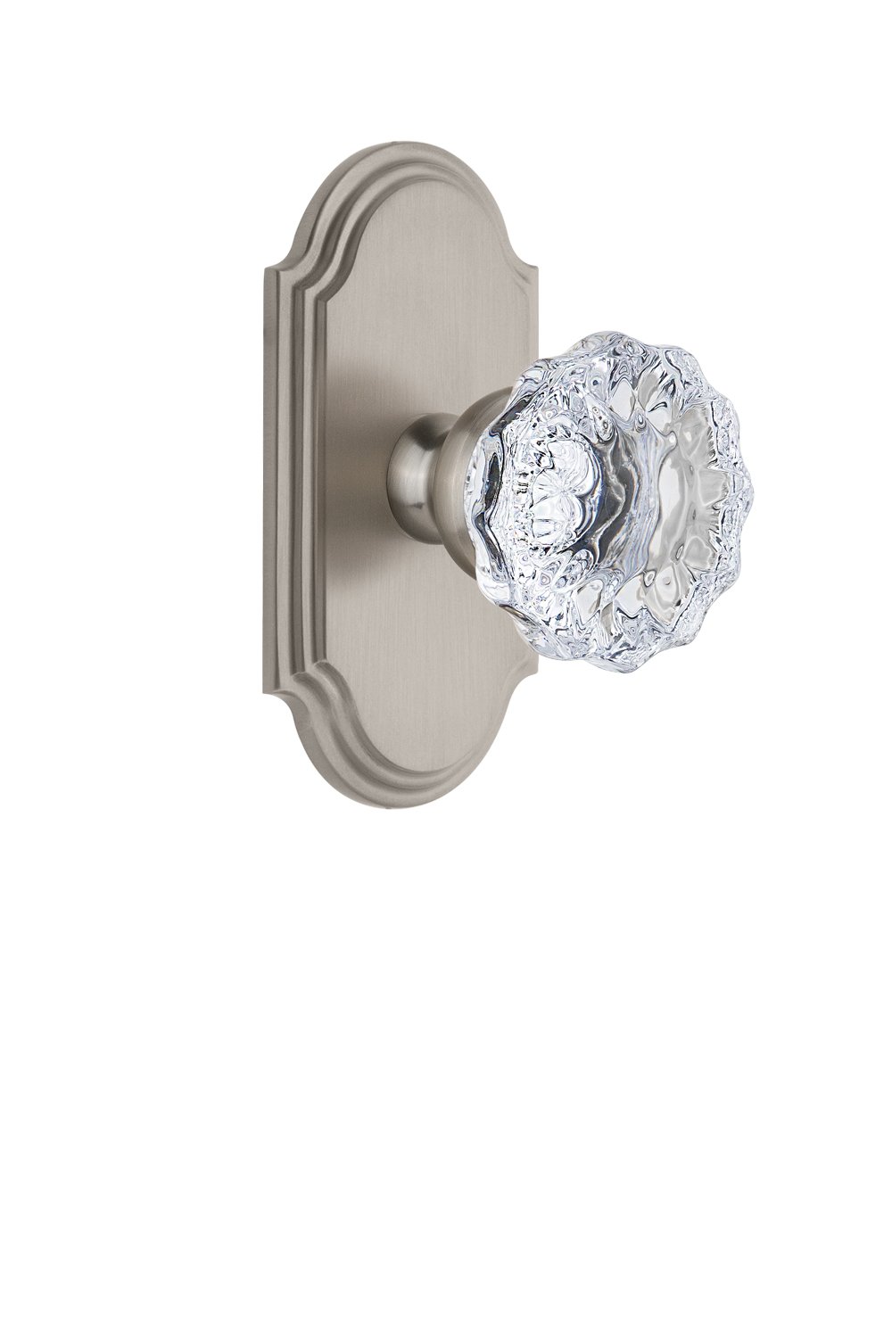 Grandeur 811493 Satin Nickel Arc Plate Double Dummy Door Handle with Fontainebleau Crystal Knob - Elegant Hardware for Bedroom & Bathroom Doors