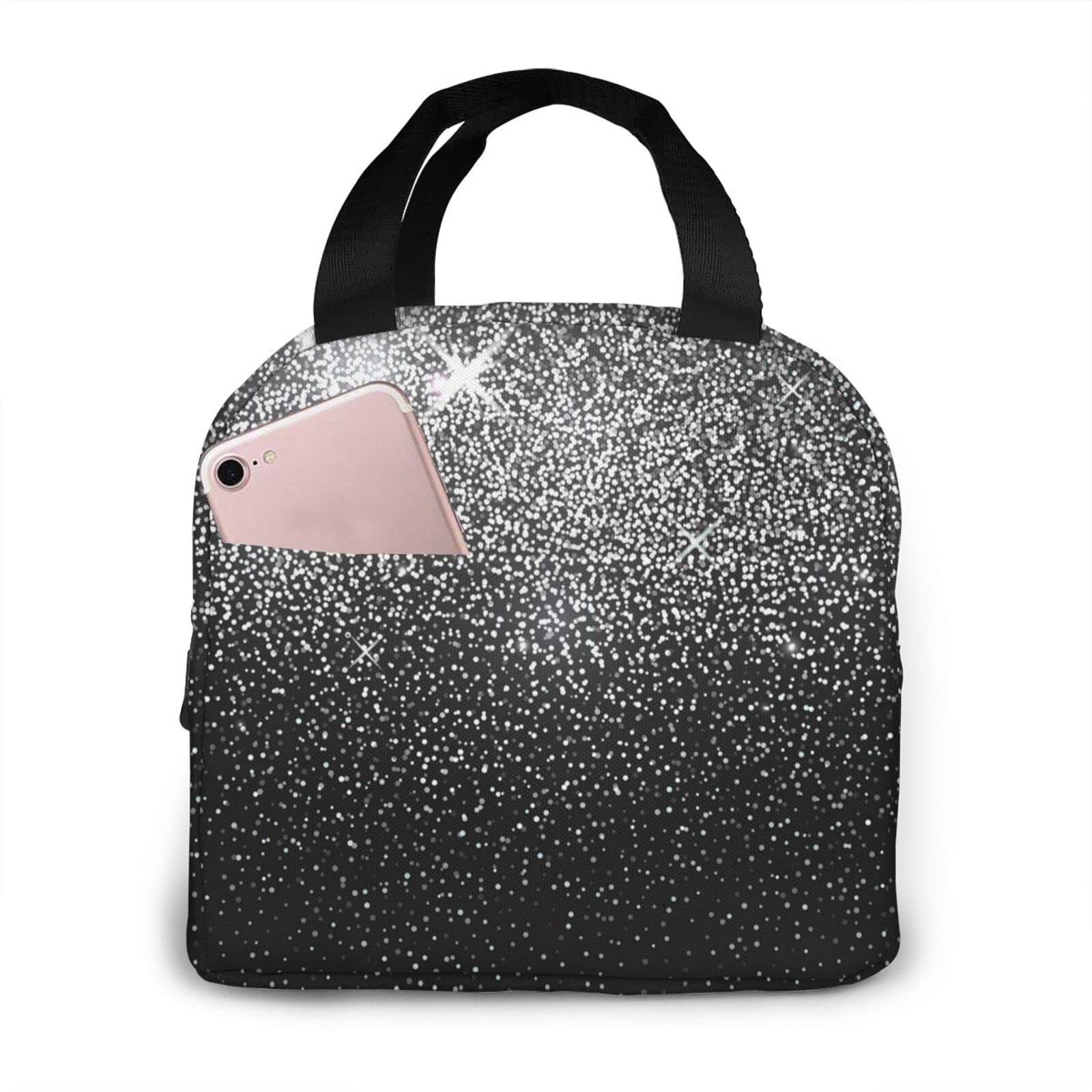 Shiny Silver Glitter Insulated Lunch Bag - Thermal Tote for Work, School & Picnic | Leakproof & Stylish Lunch Box for Women & Men | Perfect for Office, Outdoor & Daily Use