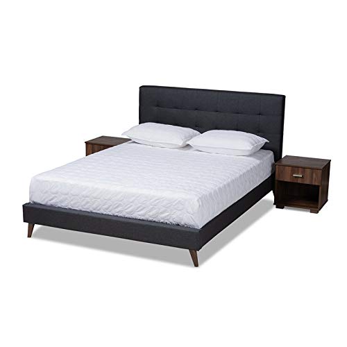 Baxton Studio Maren Full Size Dark Grey Platform Bed Frame with 2 Nightstands - Modern Bedroom Furniture Set for Small Spaces & Guest Rooms