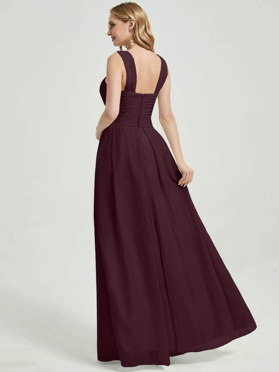 Elegant Cabernet Cross Neck A-Line Floor Length Chiffon Bridesmaid Dress for Weddings & Formal Events