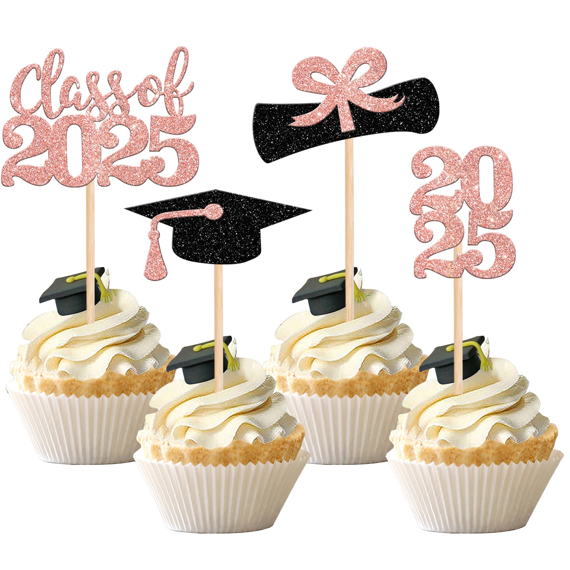 36 PCS 2025 Graduation Cupcake Toppers - Glitter Class of 2025 Graduation Cap & Diploma Cake Decorations - Rose Gold Party Supplies for Graduation Ceremony, School Celebration & Dessert Table Decor