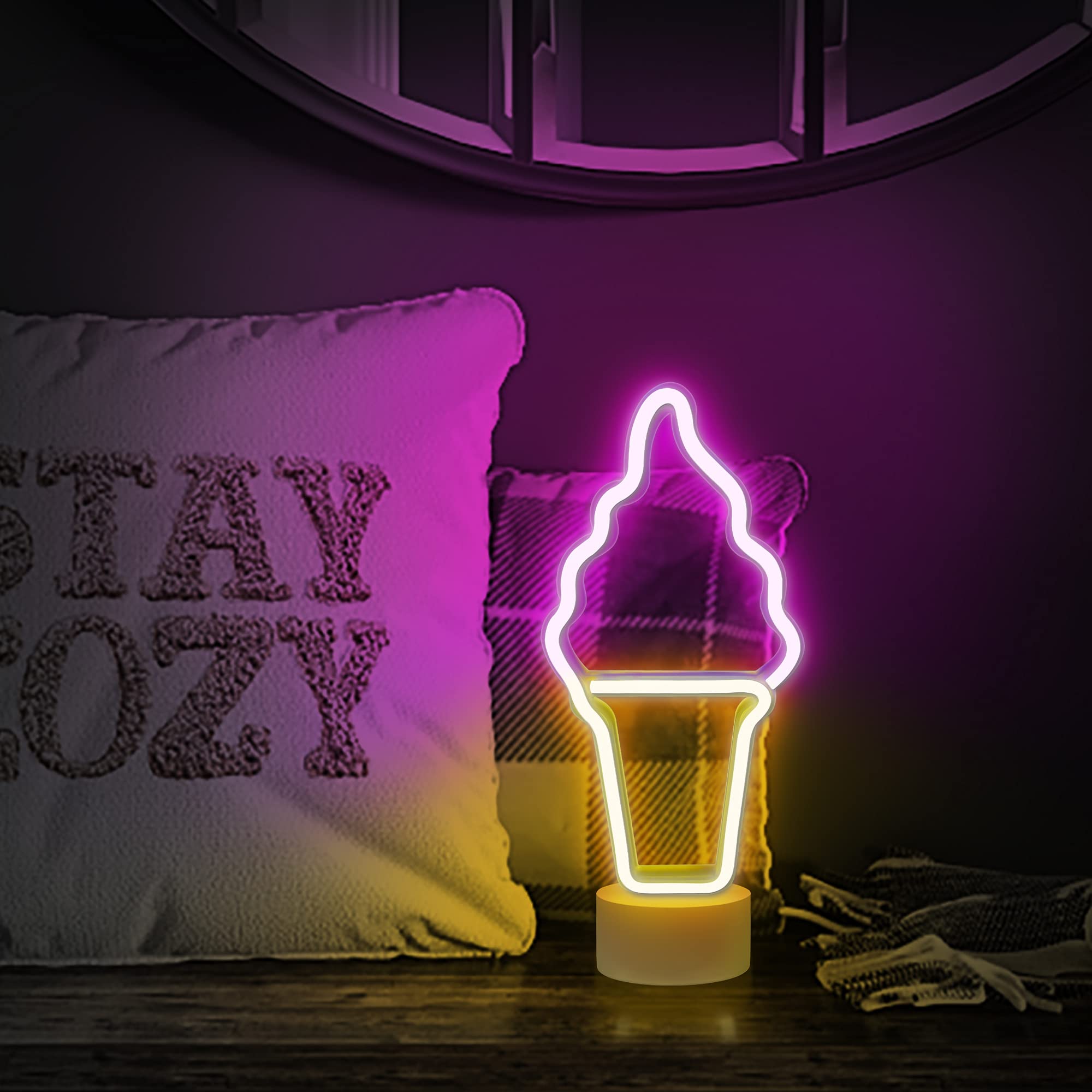 Lumoonosity Ice Cream Neon Sign - Battery/USB Powered Ice Cream Shaped Night Light for Bedroom, Kitchen, Cafe Decor - Pink & Yellow Ice Cream Cone LED Light with Stand - Perfect for Parties, Home Decor, and Ice Cream Shop Displays