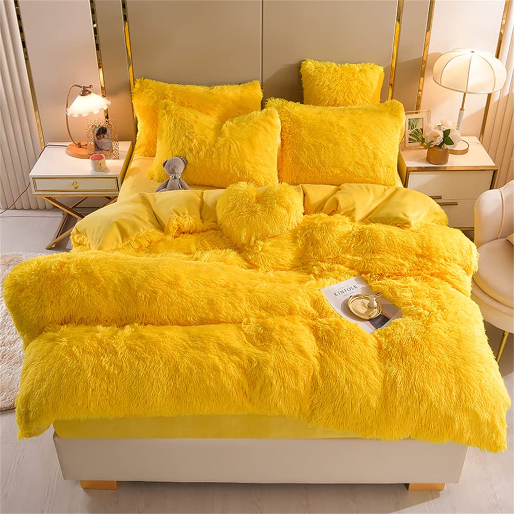 Luxury Shaggy Plush Duvet Cover Set - 5 Piece Ultra Soft Fuzzy Flannel Bedding with Zipper Closure - Queen Size Faux Fur Comforter Cover in Brilliant Yellow - Perfect for Cozy Winter Nights & Boho Chic Bedroom Decor