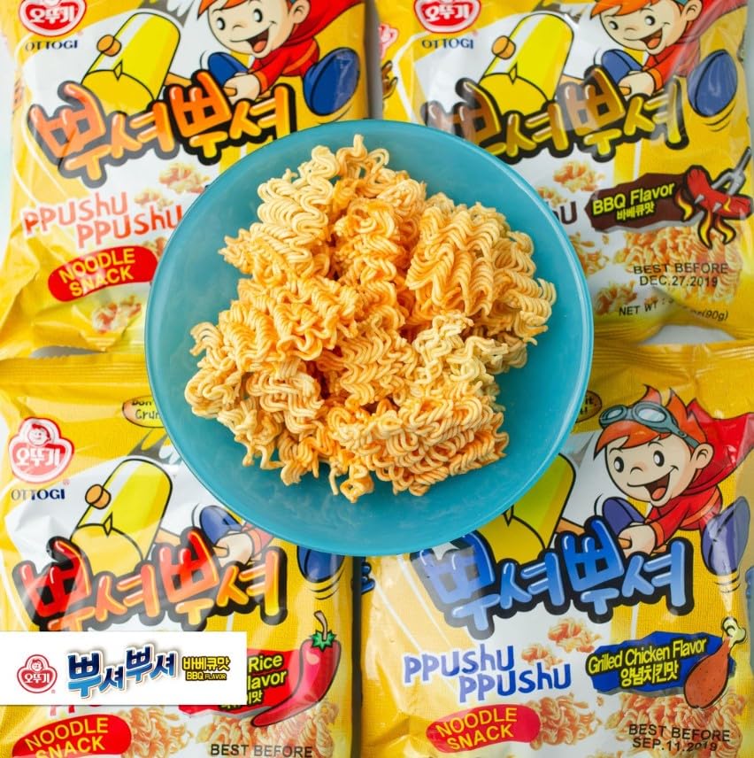 OTTOGI PPUSHU PPUSHU Crush to Eat Noodle Snack - Variety Pack with BBQ, Bulgogi, Grilled Chicken & Spicy Rice Cake Flavors (90g x 8 Pack) | Korean Instant Noodles for Quick Meals, Office Snacks & Late Night Cravings