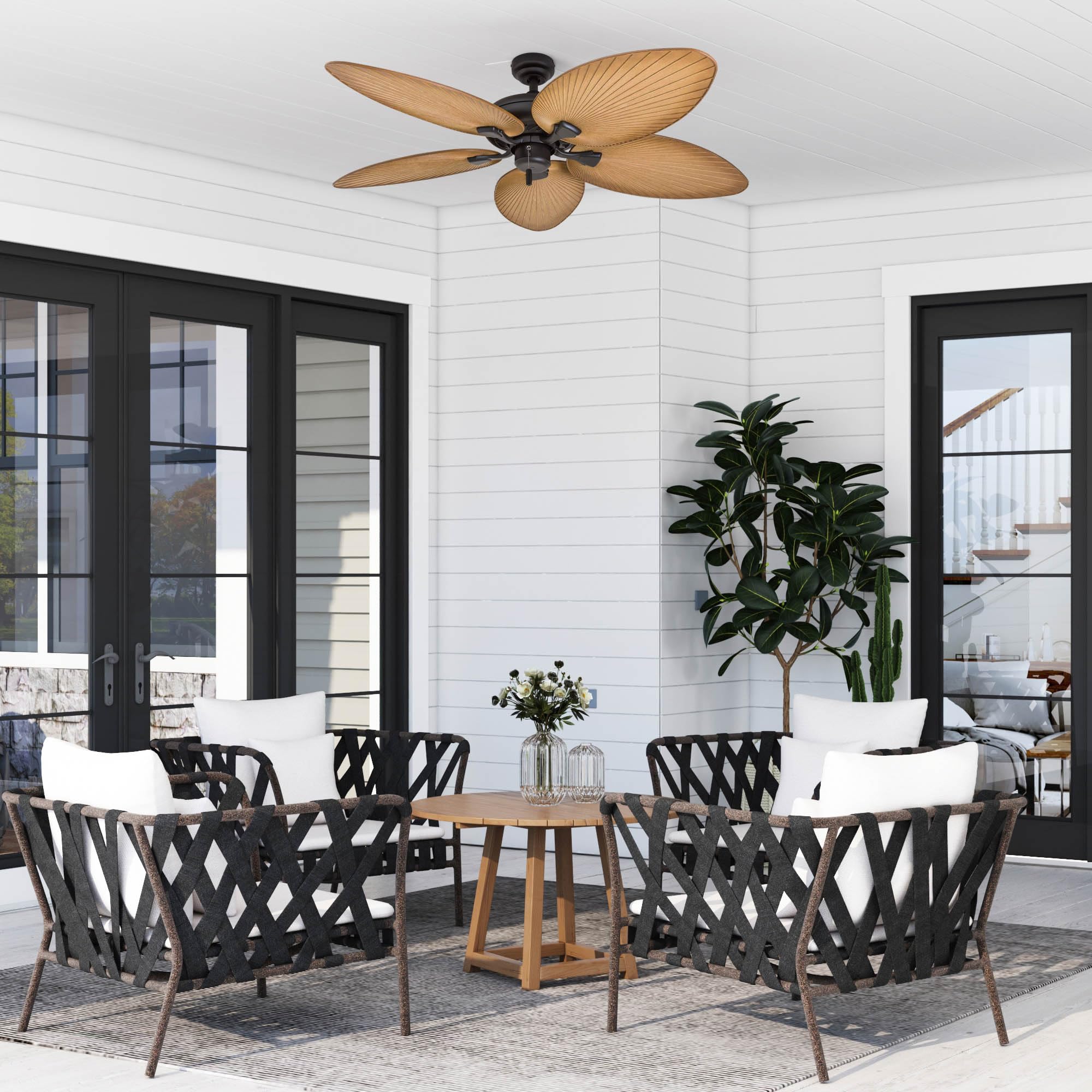 Honeywell 52 Inch Tropical Ceiling Fan for Indoor & Outdoor Use - No Light, Pull Chain, 3 Mounting Options, 5 Palm Leaf Blades, Damp-Rated (Model 50505-01, Bronze) - Perfect for Patio, Porch, Living Room & Bedroom Cooling