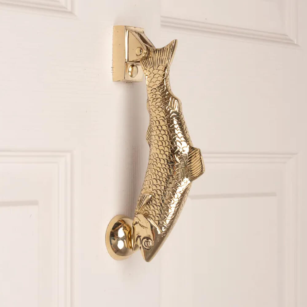 Antique Brass Salmon Door Knocker - Handcrafted Vintage Doorbell for Coastal & Nautical Home Decor - Perfect for Beach Houses, Cottages & Seaside Entryways