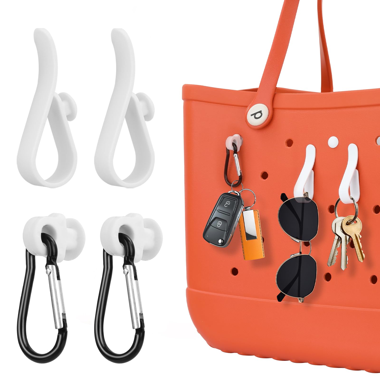 4PCS Bogg Bag Accessories Set - Hooks & Key Holder for Hanging Keys, Sunglasses, Headphones - Perfect for Beach, Pool & Travel - Convenient Small Item Organizer for Your Tote Bag